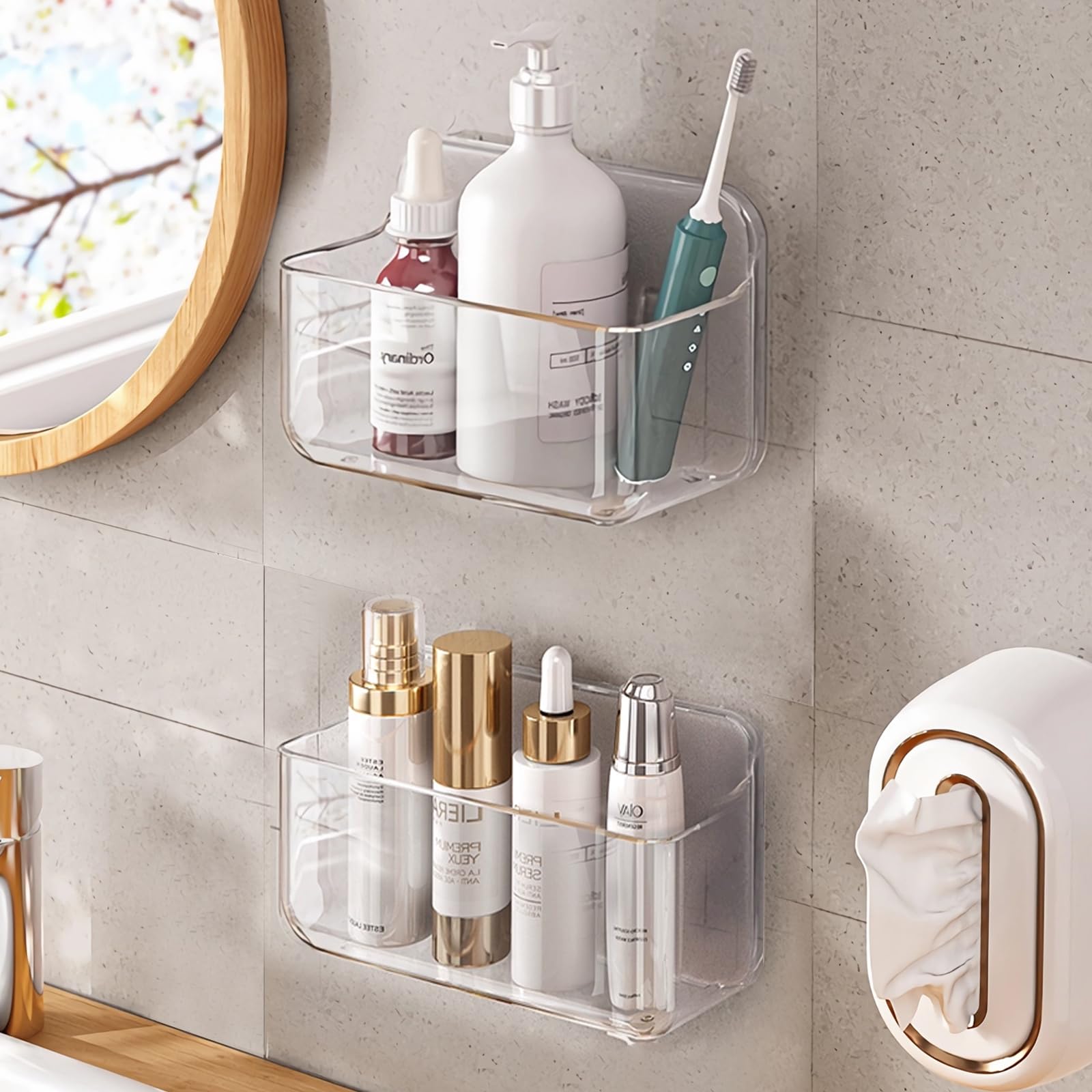 Diesisa 2pc Plastic Wall Mount Organizer, Adhesive Clear Cabinet Door Organizer,Acrylic Shelves for Wall,No Drilling Hang Walls,