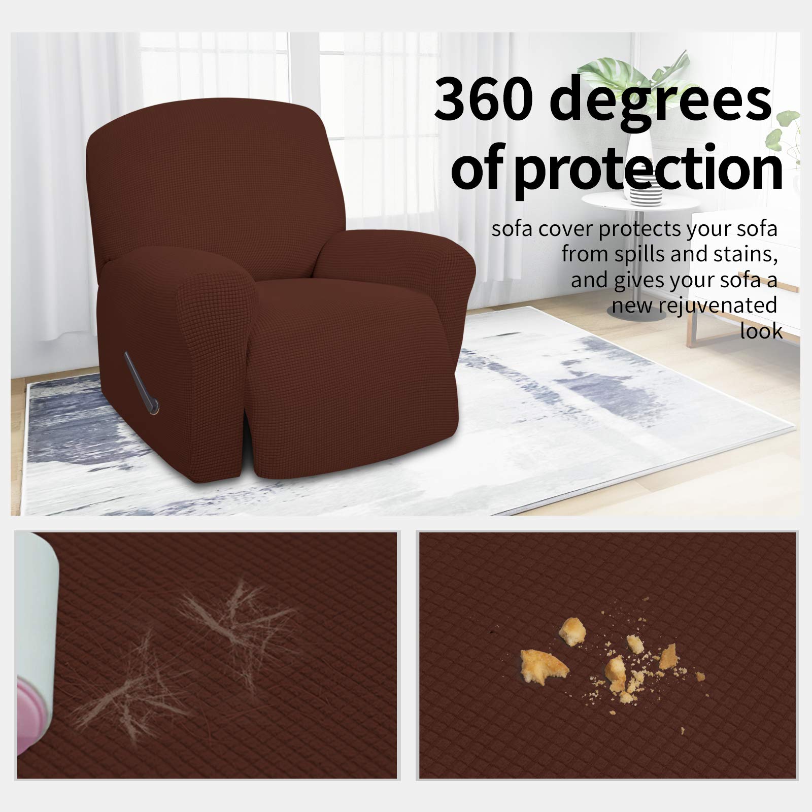 Easy-Going 4 Pieces Oversized Recliner Stretch Sofa Slipcover Sofa Cover Furniture Protector Couch Soft With Elastic Bottom Polyester Spandex Jacquard Fabric Small Checks Coffee, X-Large
