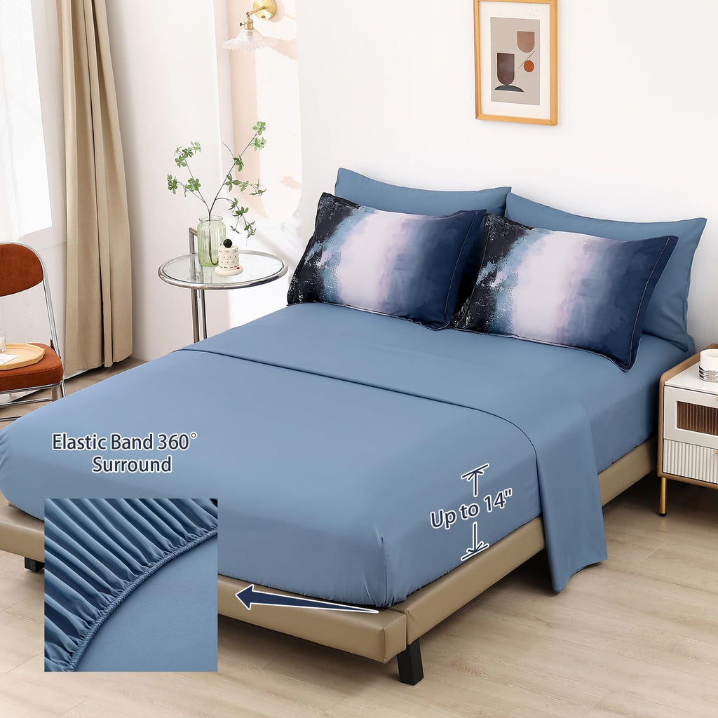 Dinjoy Ombre Blue Comforter Set King Size Gradient Navy Blue Black Boho Bedding Set For Teen Men Women 7 Pieces Bed In A Bag Boh