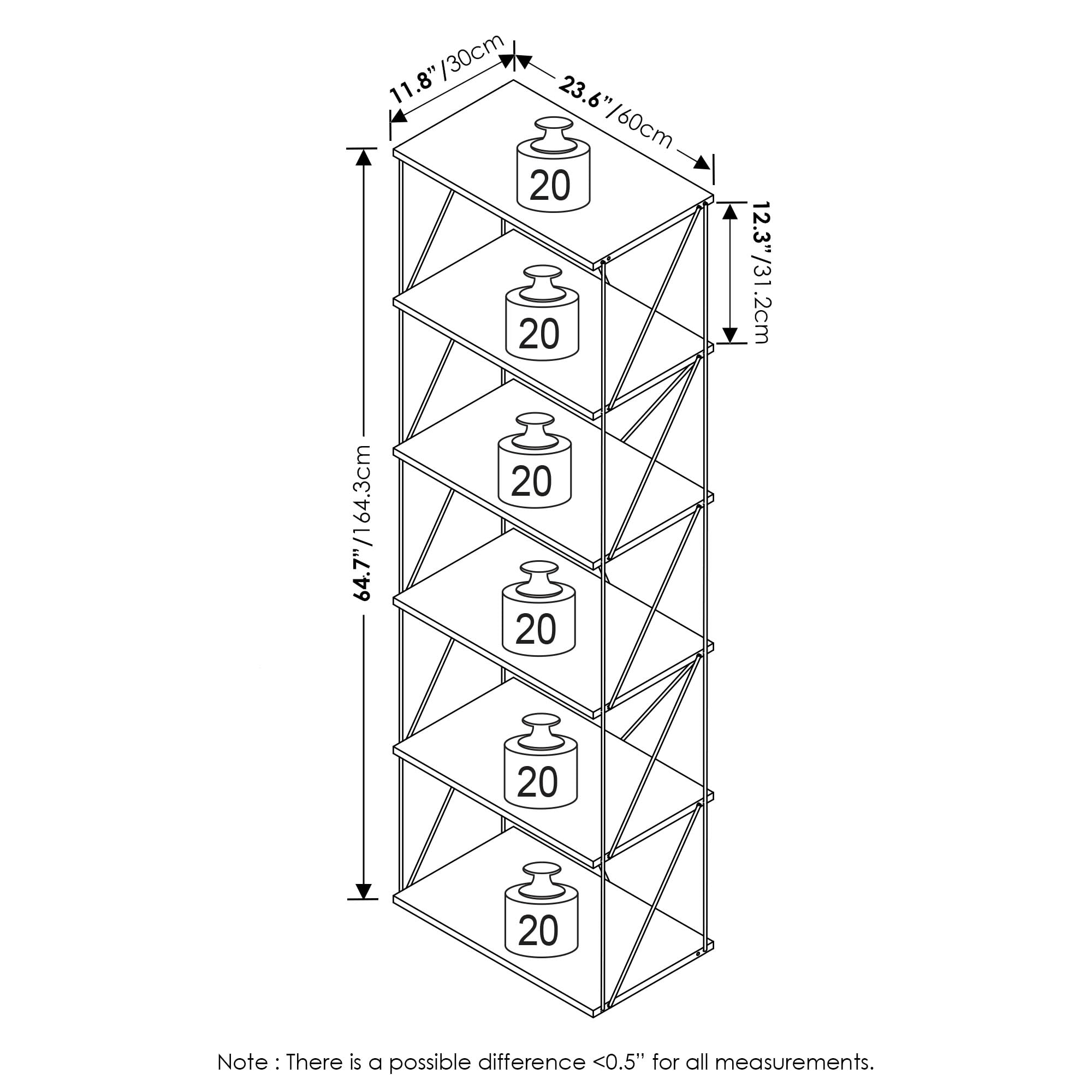 Furinno Rata 6-Tier Industrial Multipurpose Flat Base Shelf Display Rack with Metal Frame, Wide, French Oak Grey