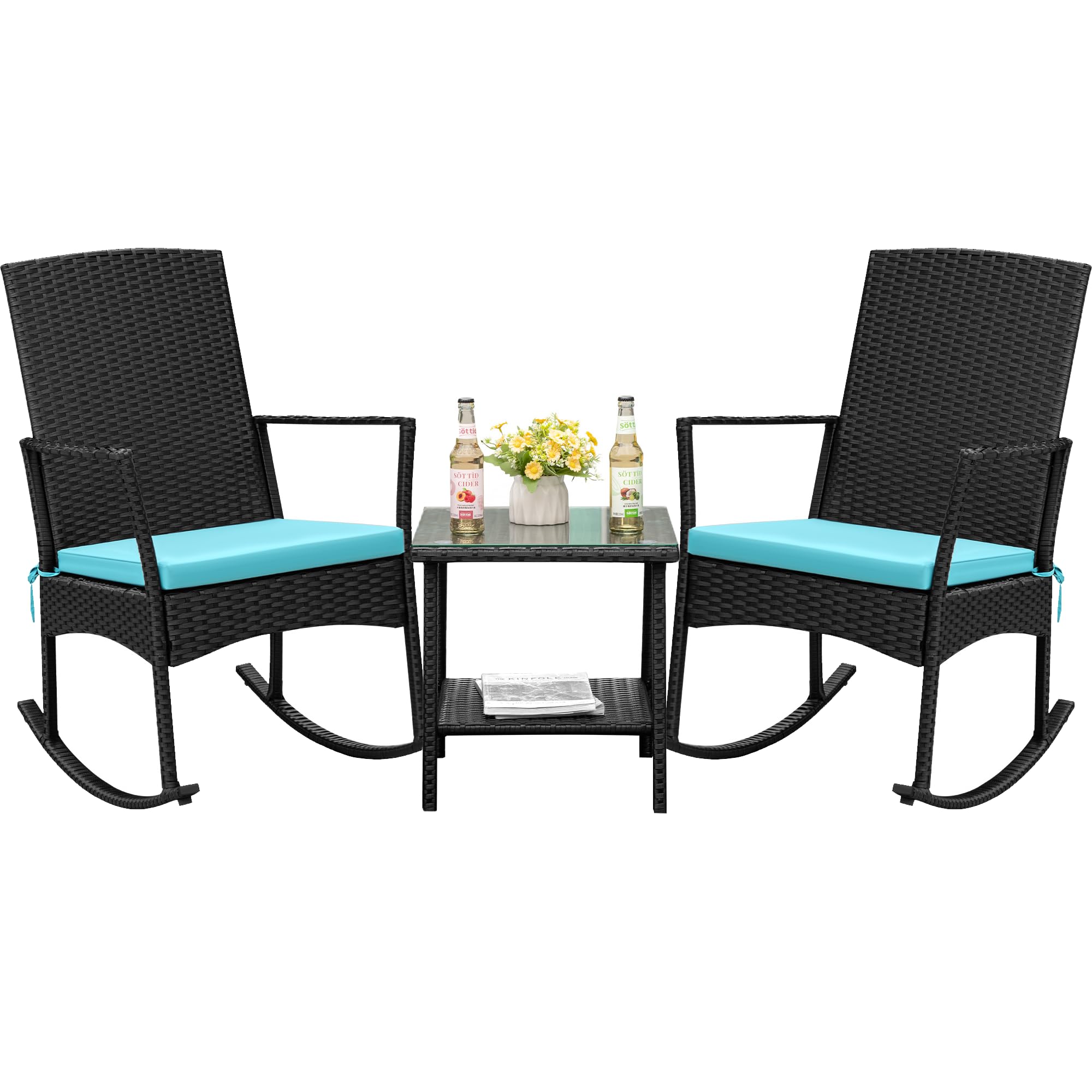 Flamaker Rocking Chair Outdoor Pe Rattan Patio Chairs With Glass Table High Back Porch Rocker For Balcony, Garden, Backyard (Blue)