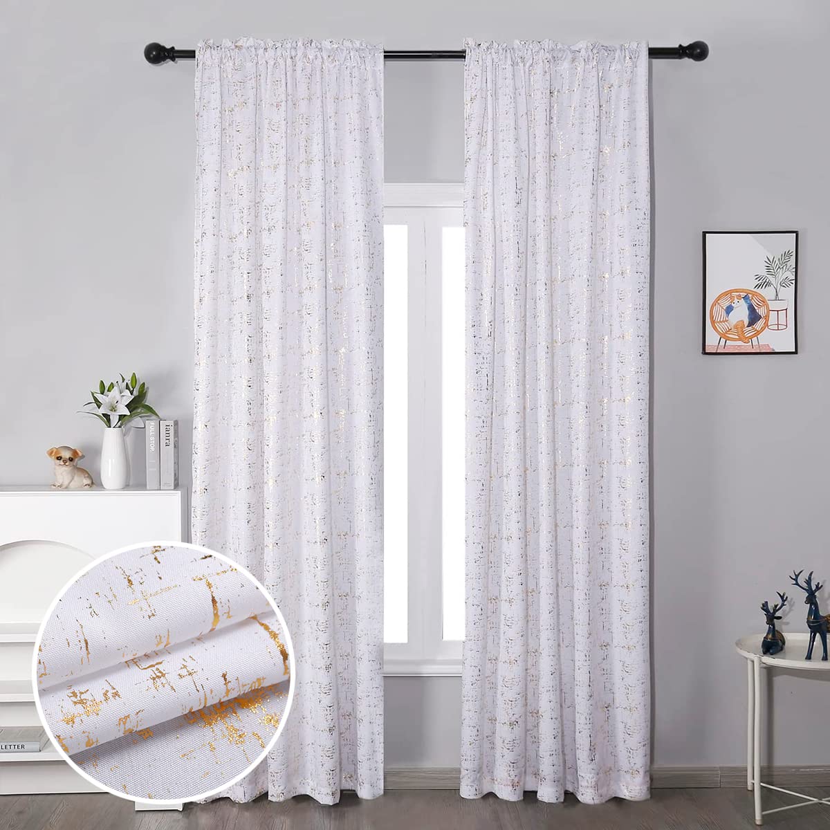 Taisier Home Gold Foil Print Linen Textured Curtains Geometric Dots Pattern Design Curtains for Bedroom Thermal Insulated Window
