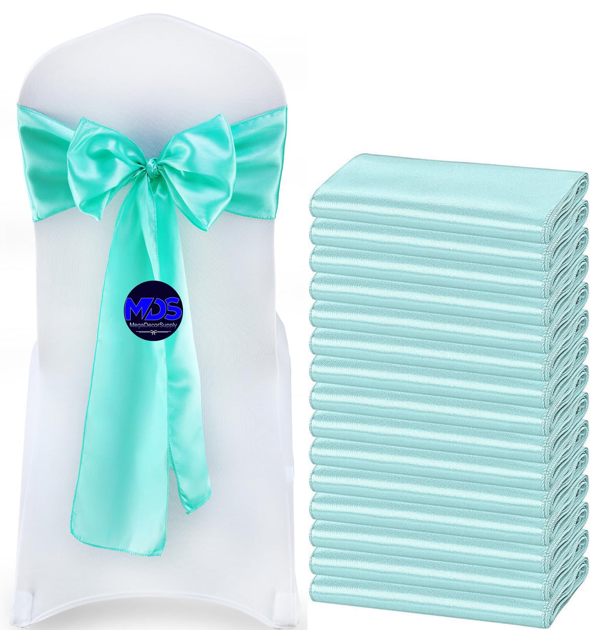 Mds Pack Of 50 Pcs Satin Chair Sashes Charmeuse Sateen Dining Chair Bows Ribbon Ties Back Sash For Wedding Party Birthday Home Hotel Restaurant Banquet Decoration (7 X 108 Inch, Sea Green)
