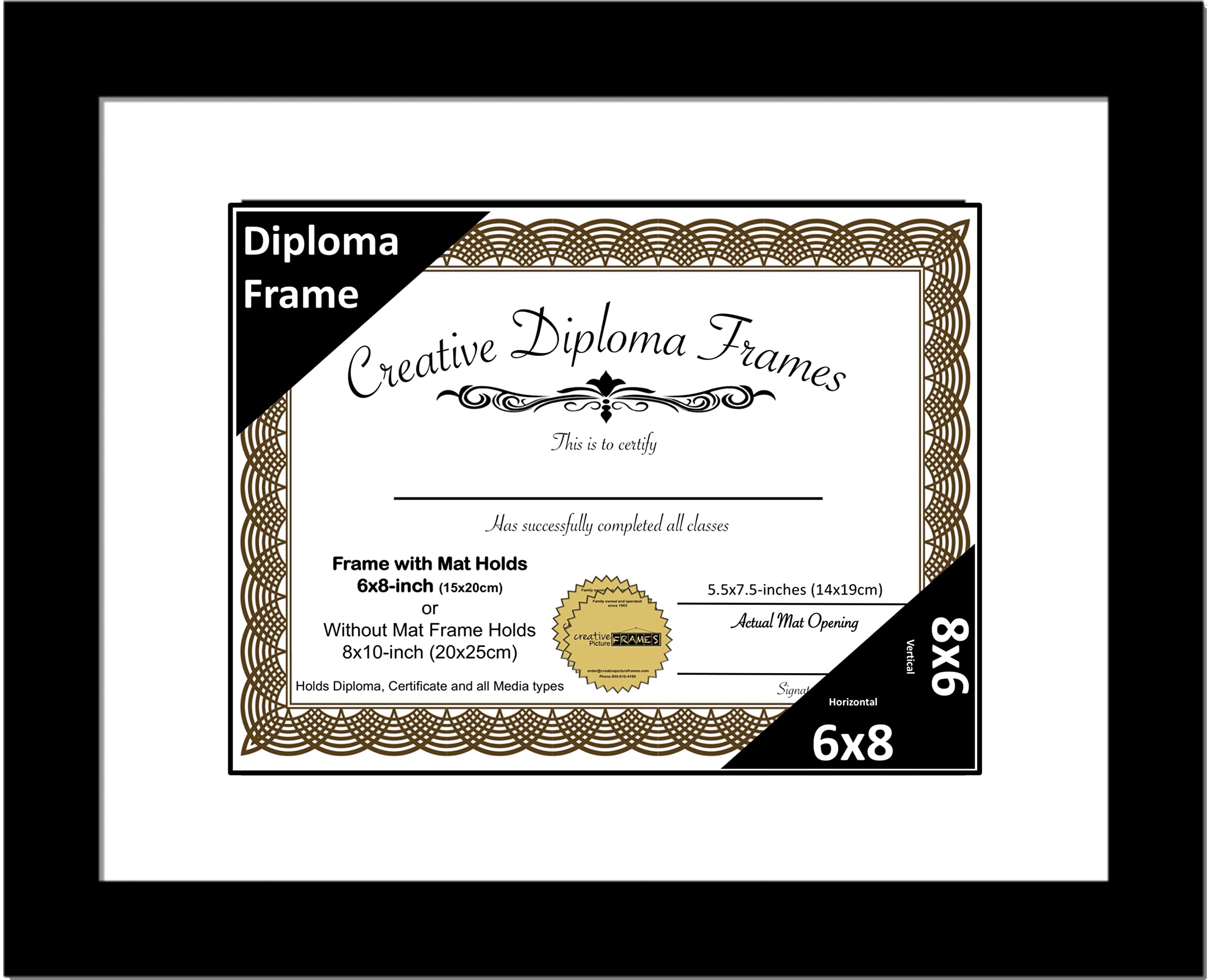 Creative Picture Frames 6x8 Classic Black Diploma Frame with White Mat Glass Easel and Installed Wall Hangers | Frame Holds 8x10