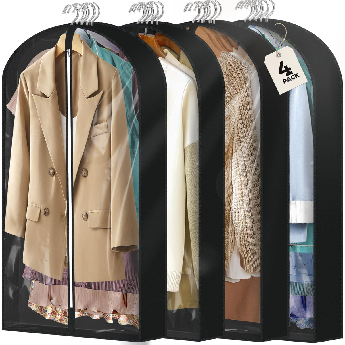 4 pack 40'' Clear Garment Bags for Hanging Clothes, Suit Bags for Closet Storage, Clothing Storage, Garment Bags for Travel Cove