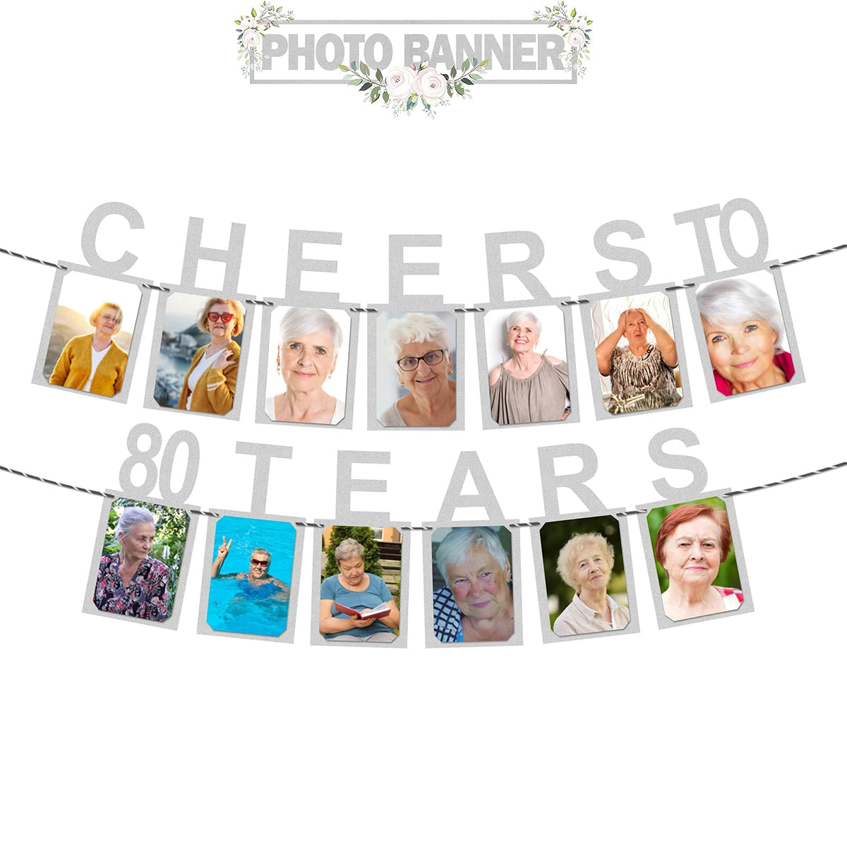 FestikoCheers to 80 Years Silver Bunting Photo Banner  Happy 80th Birthday/Anniversary,Cheers to 80 Years Old Party Decorations