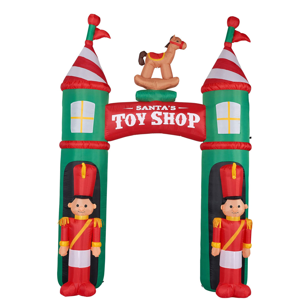 Christmas Time 10-Ft. Santa'S Toy Shop Archway W/Toy Soldiers And Rocking Horse Prelit Outdoor Christmas Inflatable With Storage Bag Ct-Archwy081-L Green