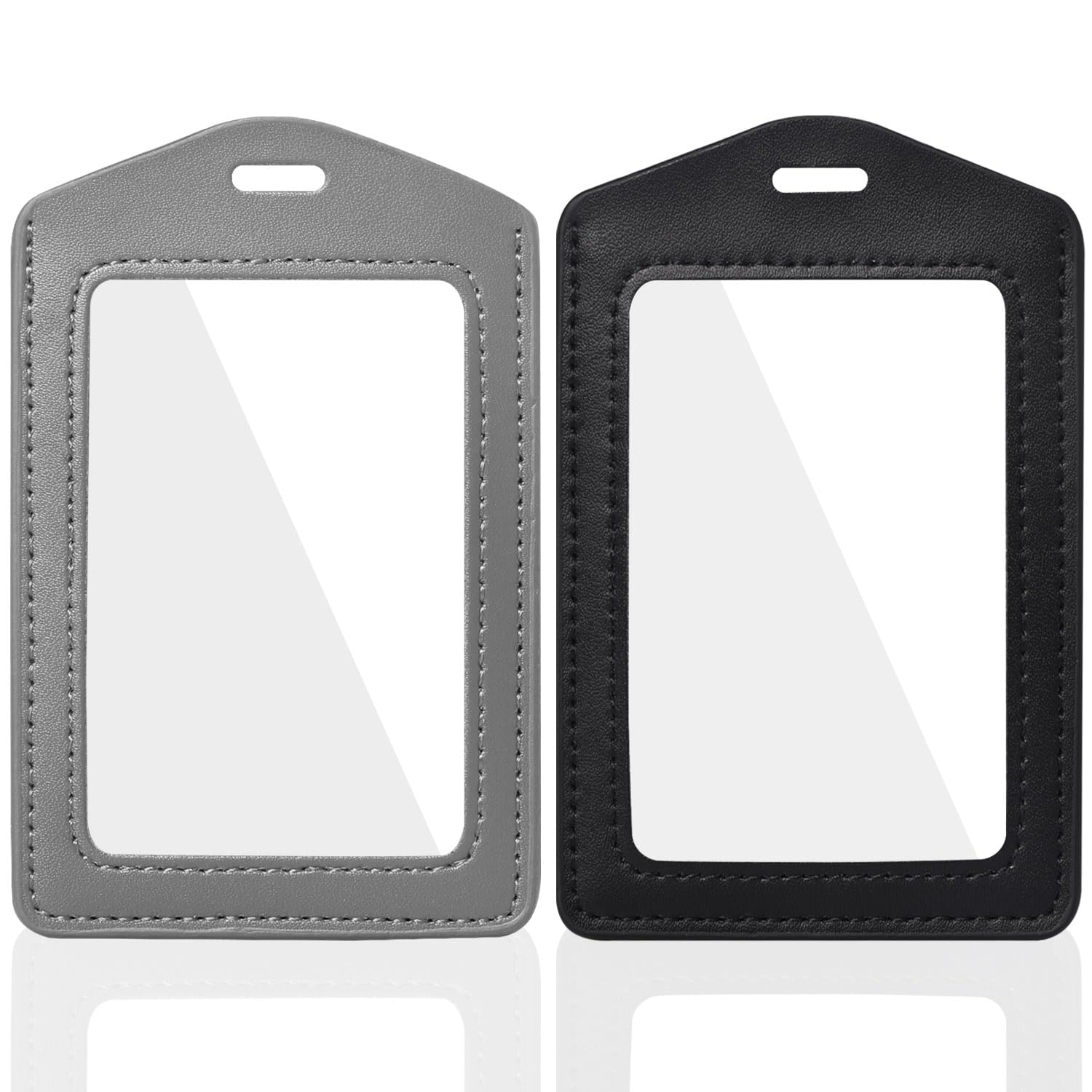 Vin Beauty 2 Pack Genuine Leather Id Badge Holders, Vertical Id Card Holders With Double-Side Clear Window, Waterproof Name Badg