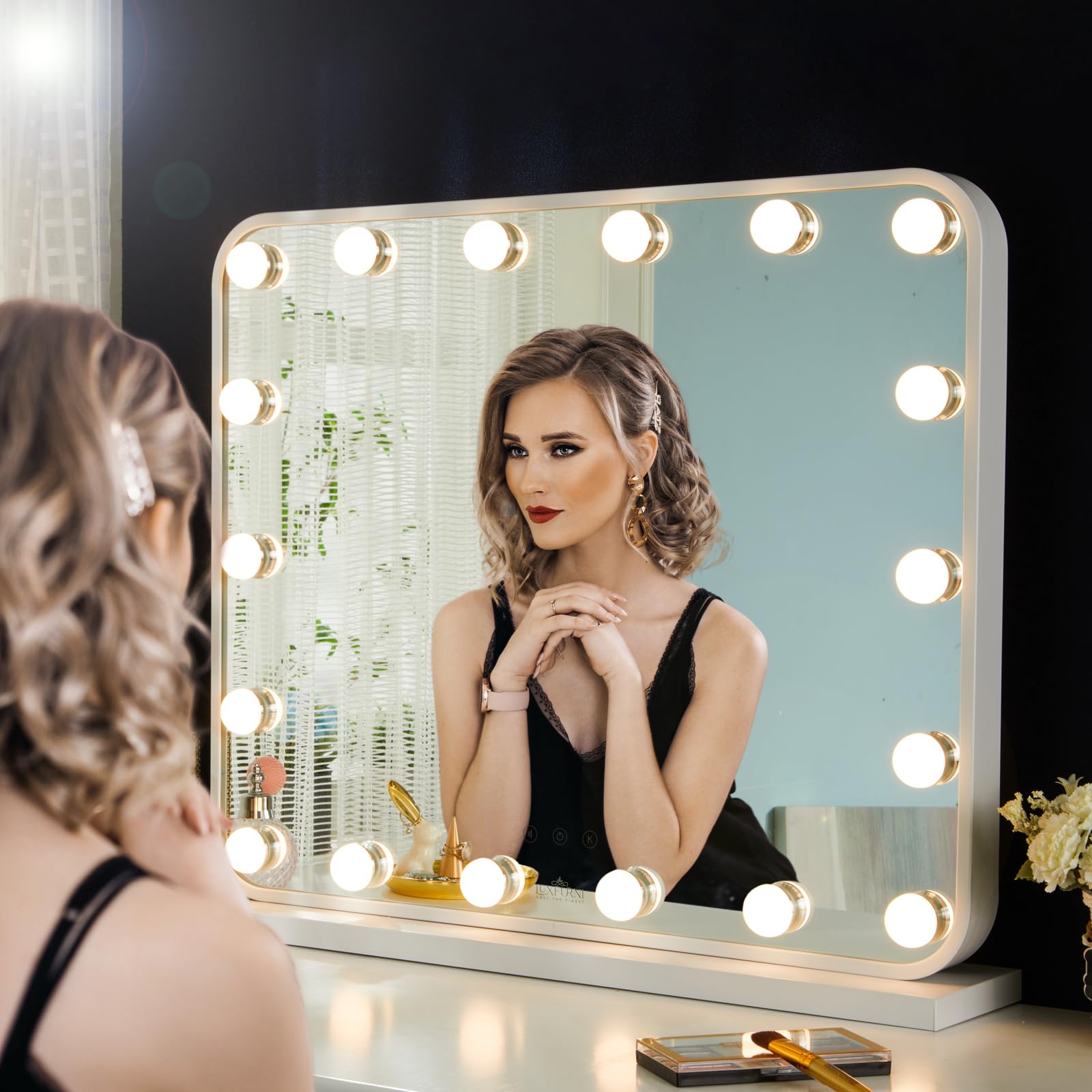 LUXFURNI Large Hollywood Vanity Mirror with Lights, 25' Lx21 W Lighted Makeup Mirror with 18 Dimmable Bulbs, Smart Touch Contro