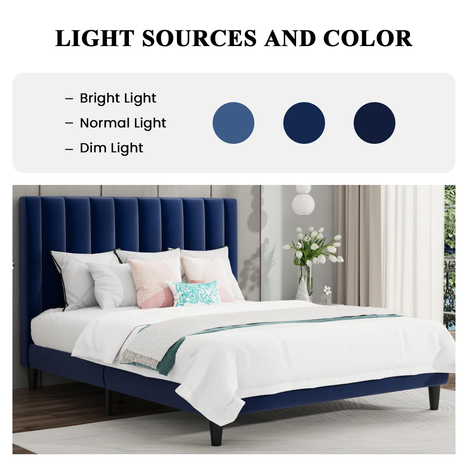 Sha Cerlin Queen Bed Frame/Velvet Upholstered Platform Bed Frame With Headboard/Strong Wood Slats Support/Mattress Foundation/No Box Spring Needed - Dark Blue