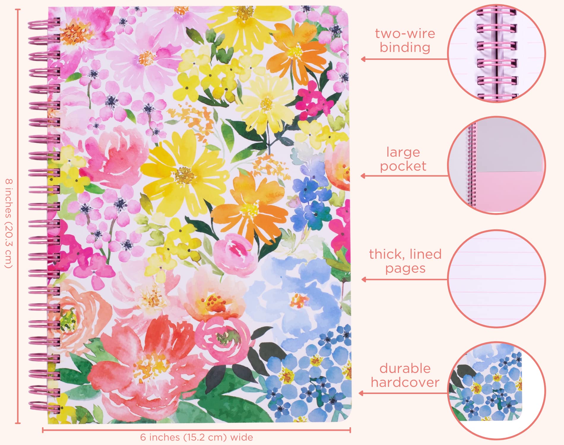 Steel Mill & Co Cute Floral Mini Spiral Notebook, 8.25' X 6.25' Journal With Durable Hardcover And 160 Lined Pages, Summer Gar