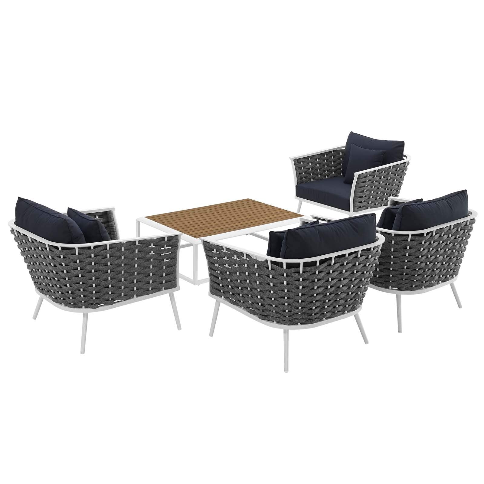 Modway Stance Outdoor Patio Aluminum Sectional Sofa Set, 5 Piece, White Navy