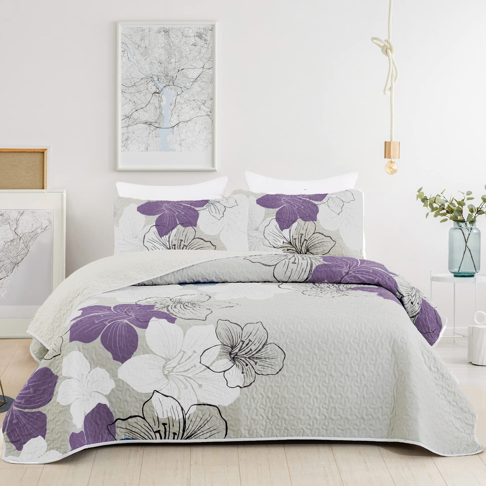 Djy 3 Pieces Quilt Set Queen Purple Floral Pattern Quilt Coverlet Set Elegant Boho Lily Bedspread With 2 Pillow Shams Breathable