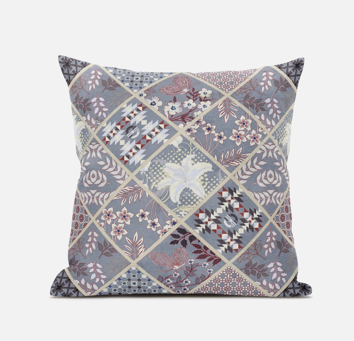 HomeRoots Grey Blue Navy 16â€ Gray Pink Patch Suede Zippered Throw Pillow