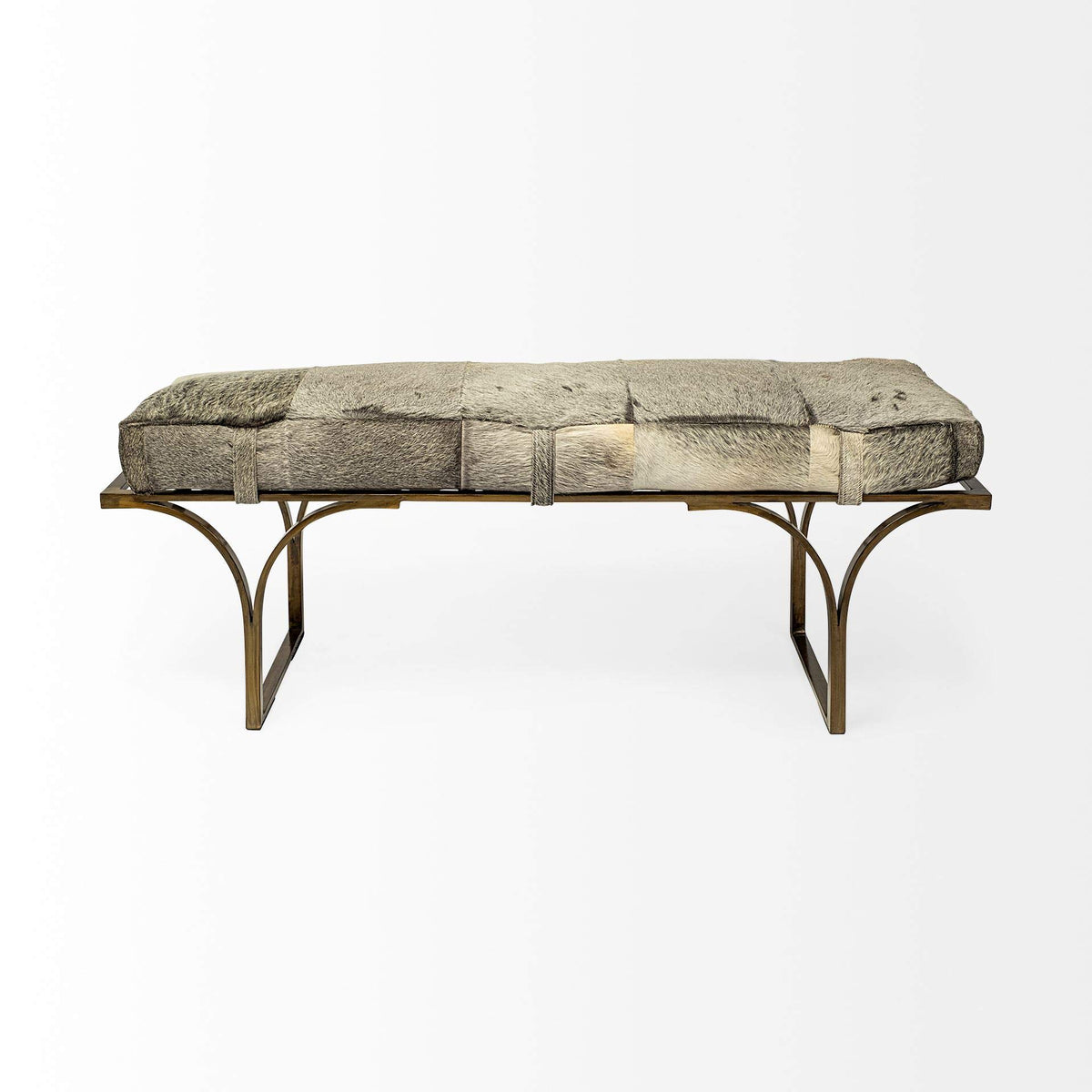 HomeRoots Rectangular Metal/Antique Brass W/Grey-Toned Hair-On-Leather Seat Accent Bench