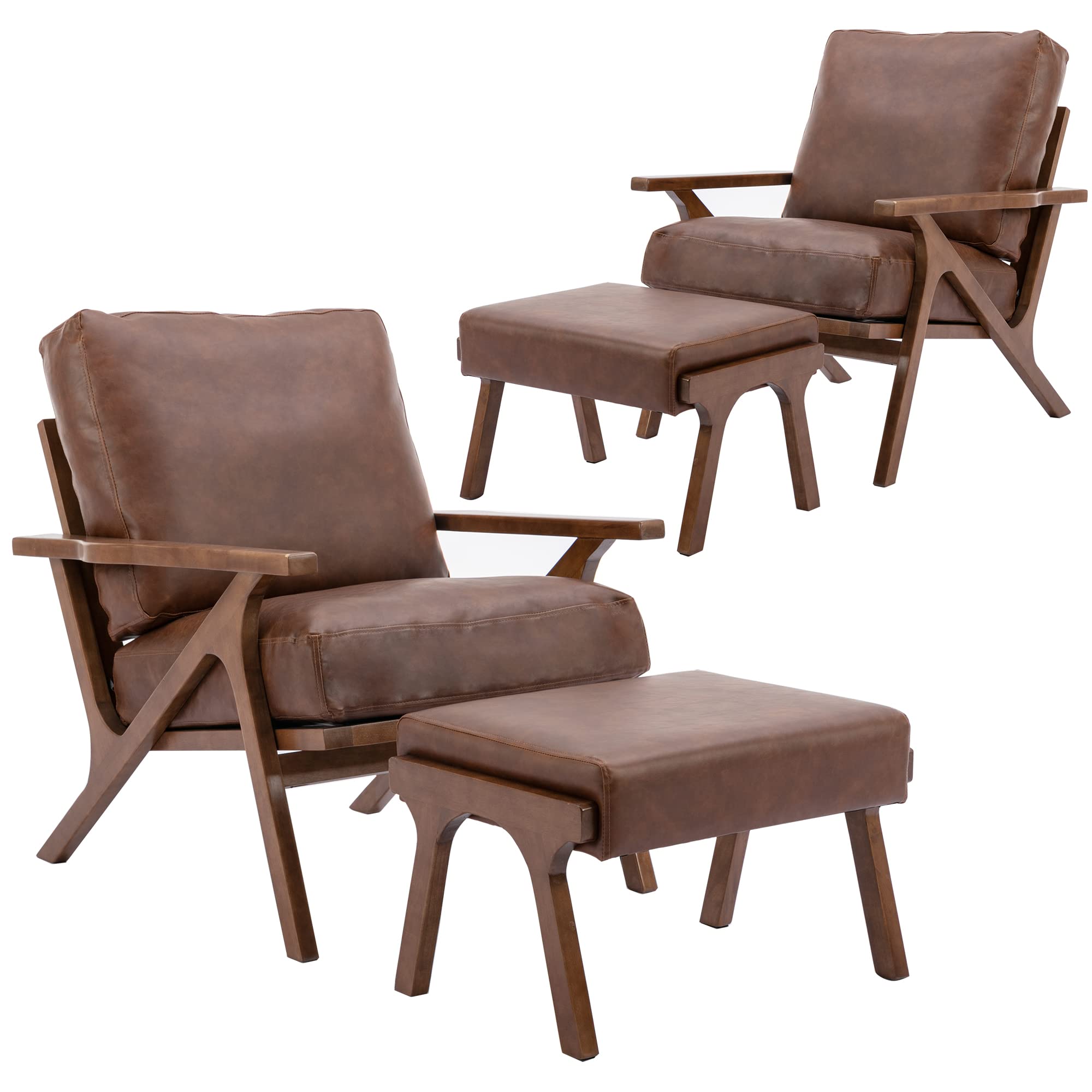 Chairus 2 Sets Mid-Century Modern Accent Chairs With Ottoman, Faux Leather Armchair With Wood Legs Comfy Upholstered Single Sofa