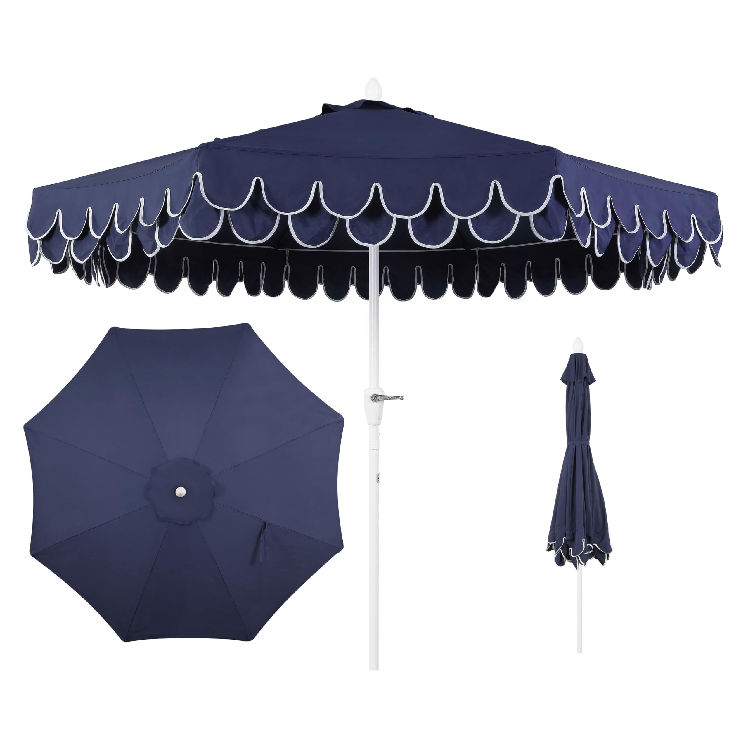 JONATHAN Y UMB1002G Tracy 9 ft. Classic MidCentury Scalloped Fringe Market Patio Umbrella with Auto-Tilt Crank, Wind Vent and UV