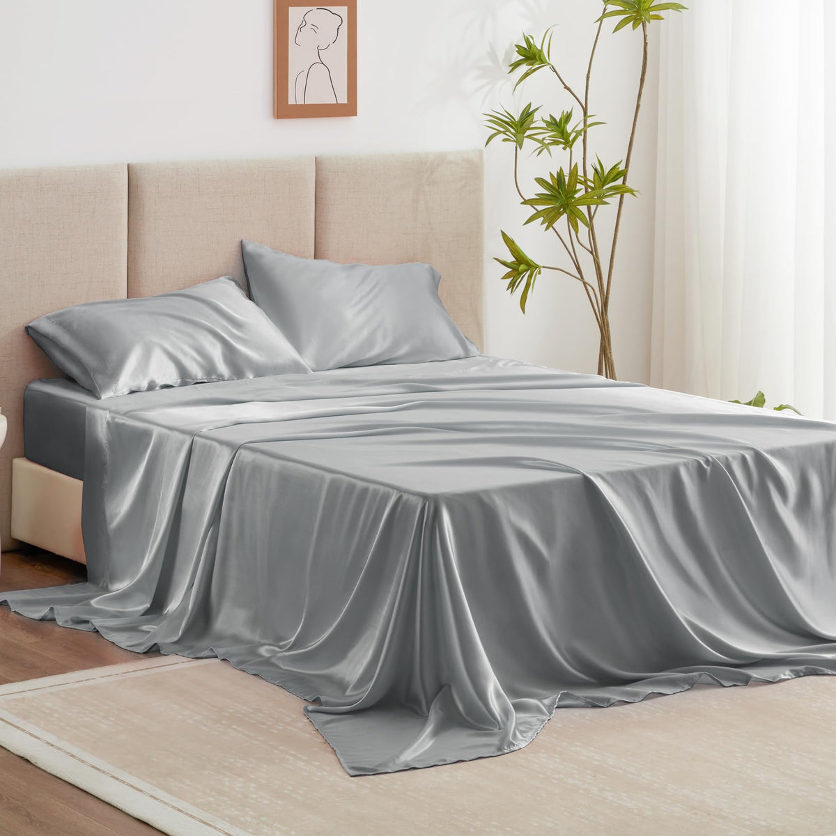 Love'S Cabin Full Size Satin Sheet Sets - 4 Piece Silver Silky Satin Sheet Set Full With Deep Pocket, Luxury Silk Feel Satin Bed