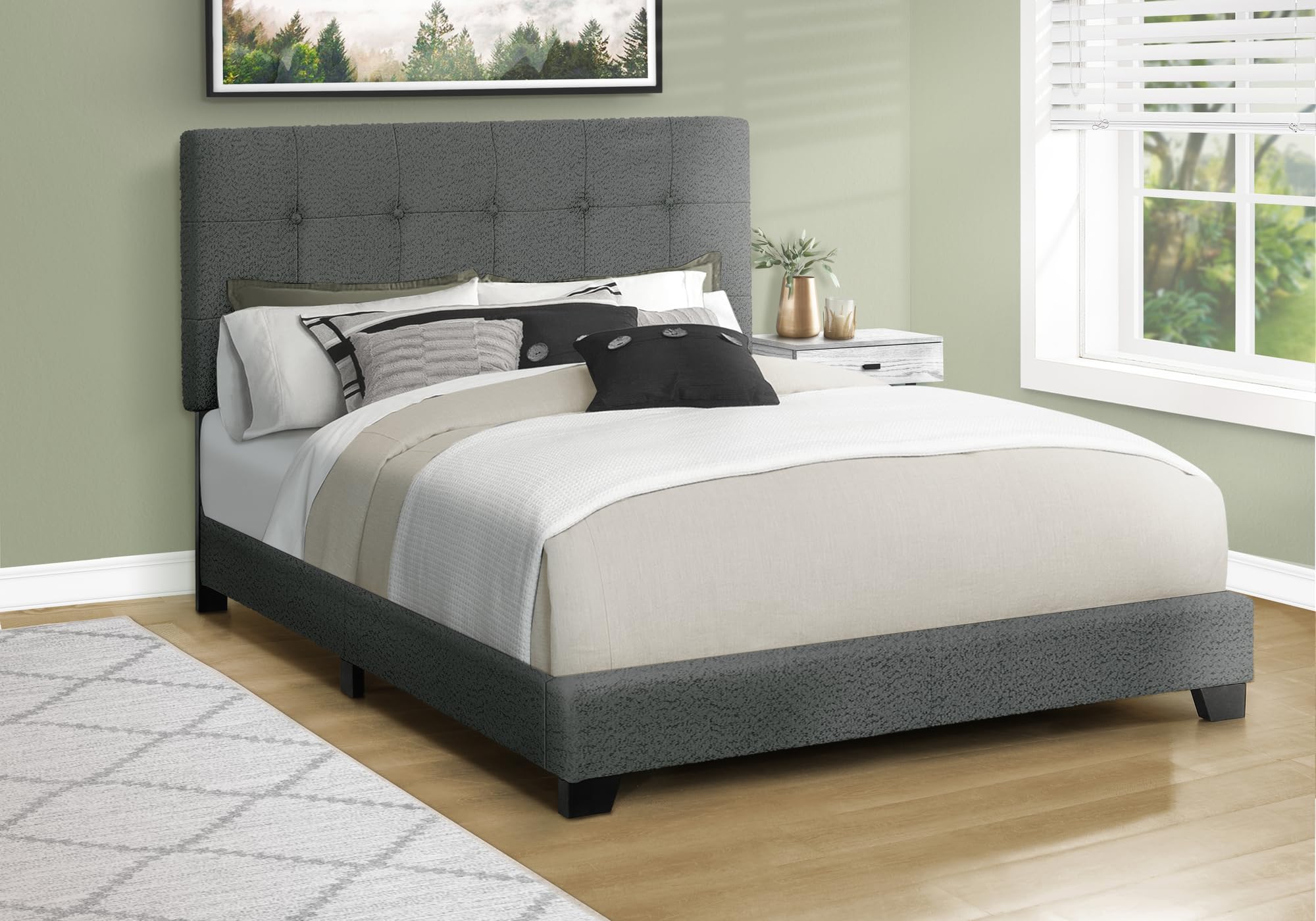 Monarch Specialties I 5803Q Bed, Bedroom, Frame Only, Queen Size, Upholstered, Dark Grey Boucle, Transitional