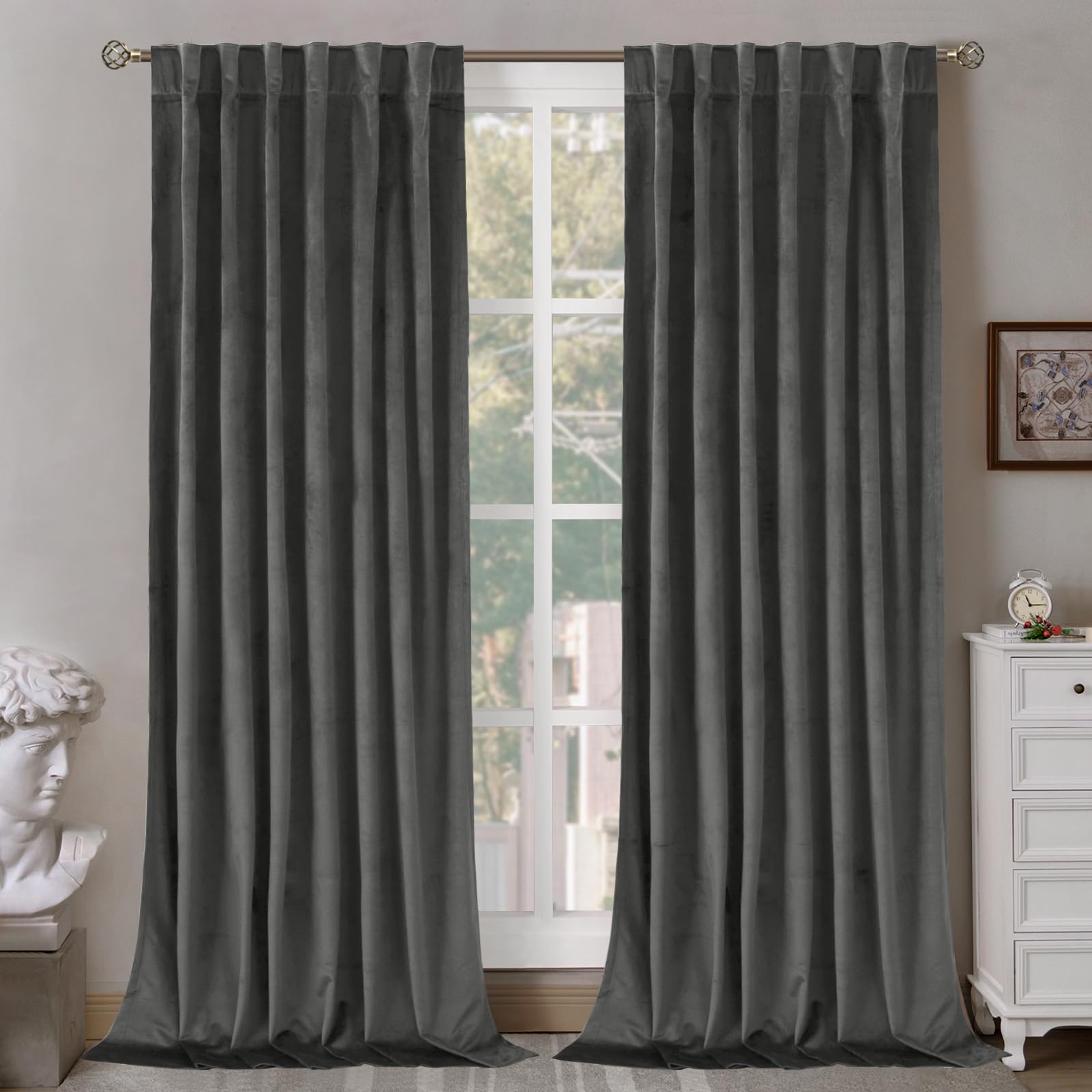 Bgment Grey Velvet Curtains 108 Inches Long For Living Room, Thermal Insulated Room Darkening Curtains Drapes Window Treatment W