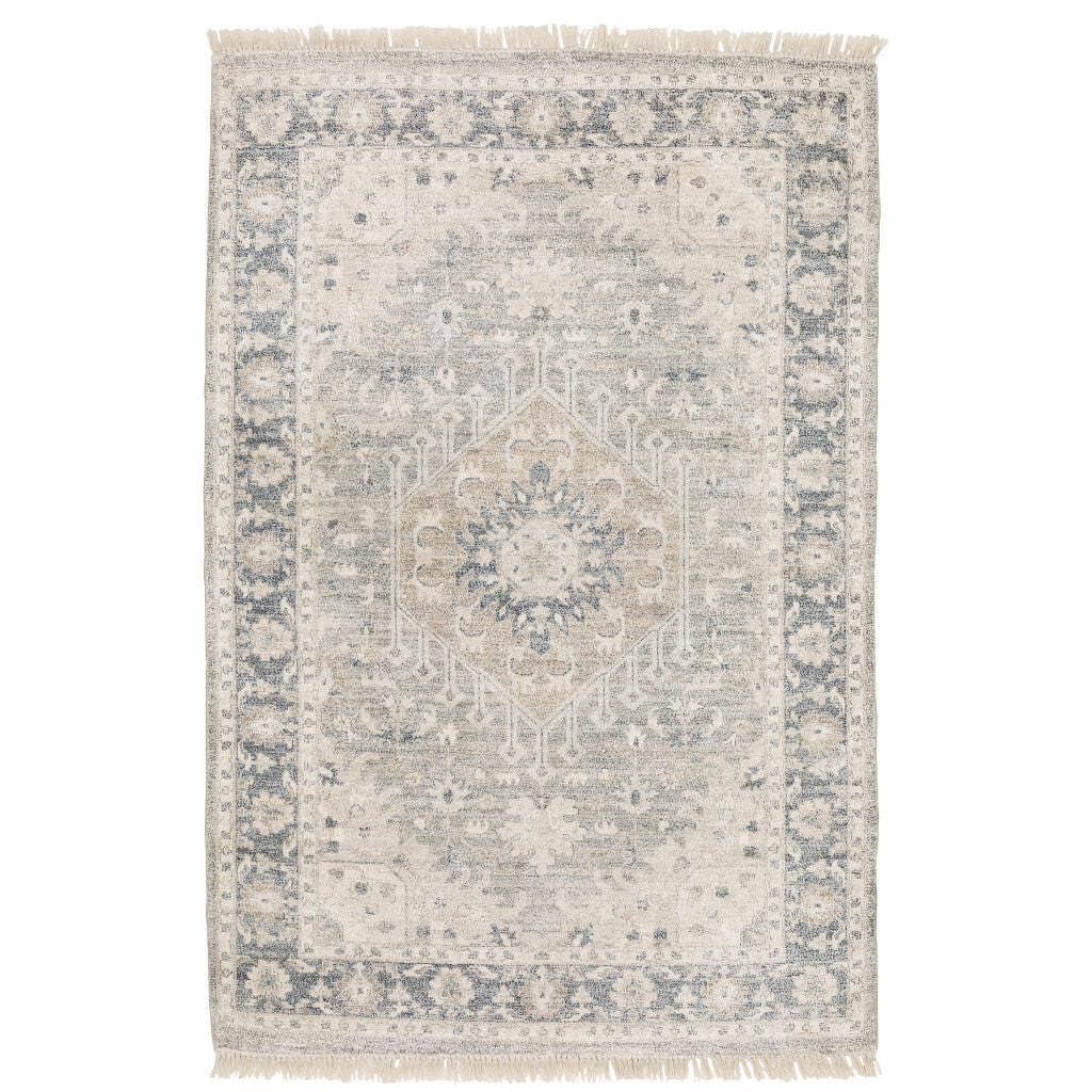 HomeRoots 509472 8 x 10 ft. Beige & Gray Oriental Hand Loomed Stain Resistant Rectangle Area Rug with Fringe