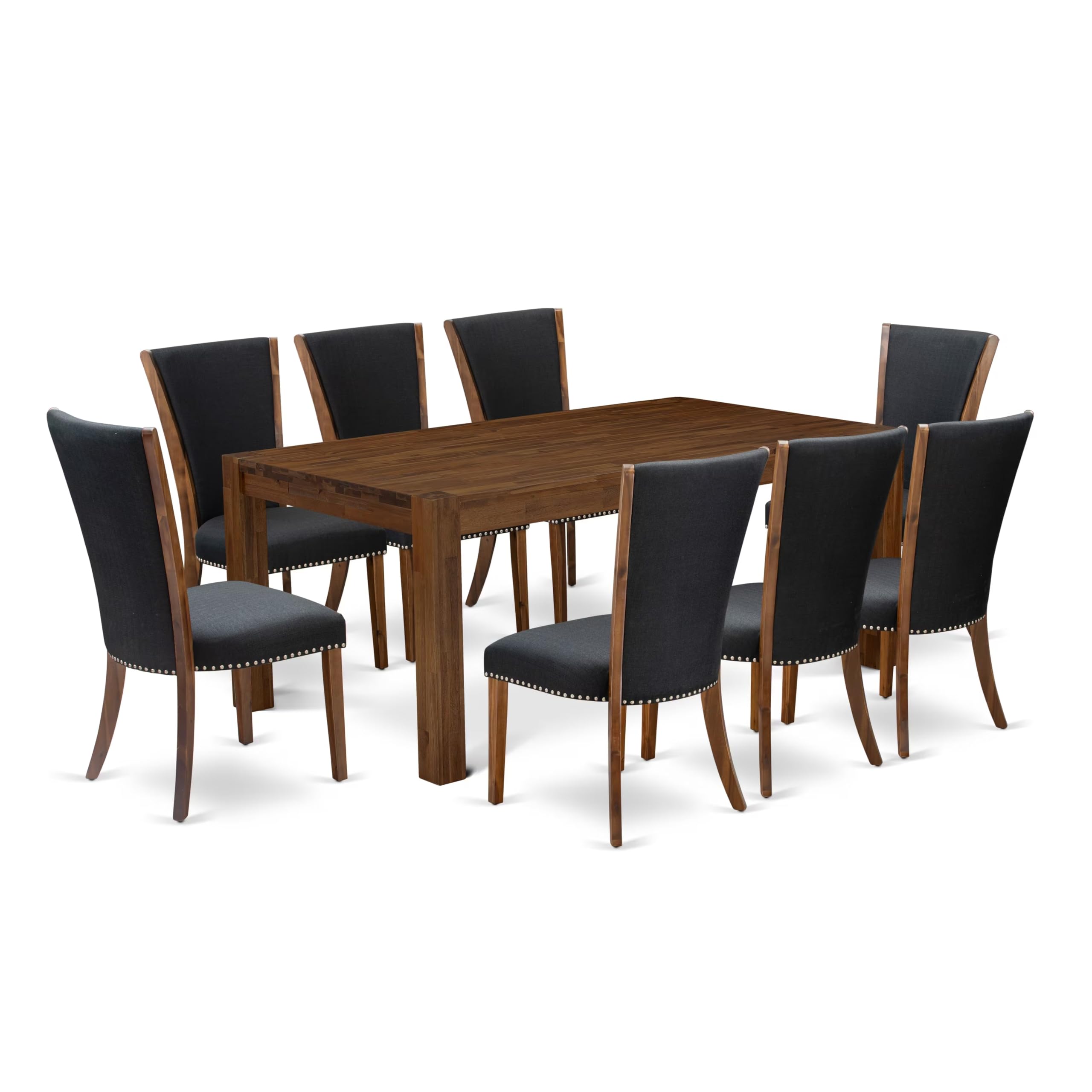 East West Furniture Lismore 9 Piece Set Includes A Rectangle Rustic Wood Kitchen Table And 8 Black Color Linen Fabric Parson Dining Room Chairs, 40X72 Inch, Antique Walnut
