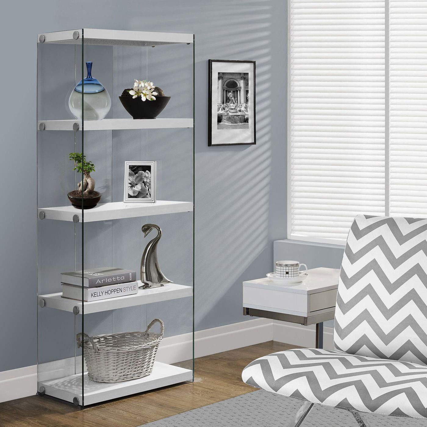 Monarch Specialties Bookcase - 5-Shelf Etagere Bookcase - Contemporary Look with Tempered Glass Frame Bookshelf - 60'H (Grey)