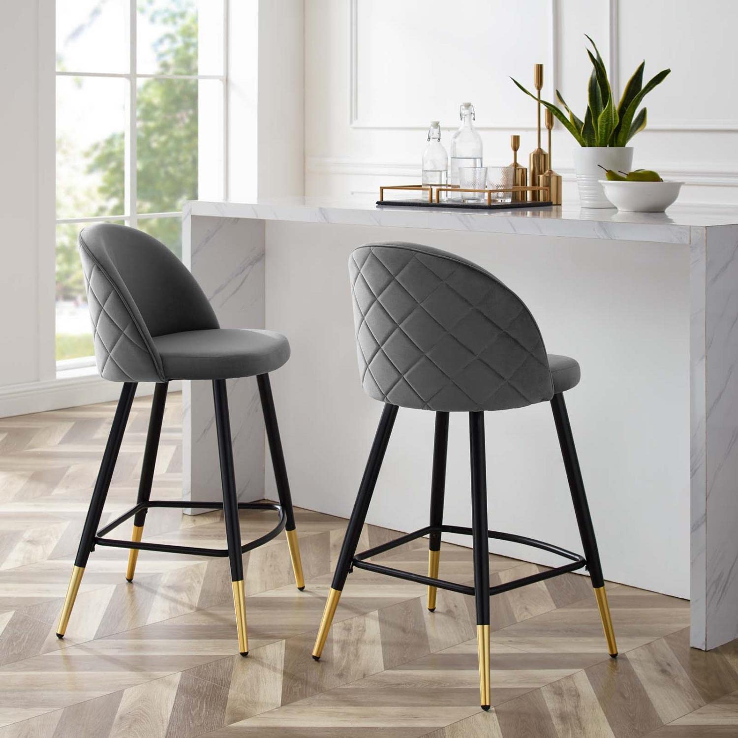 Modway Cordial Performance Velvet Dining Counter Stools in Gray - Set of 2