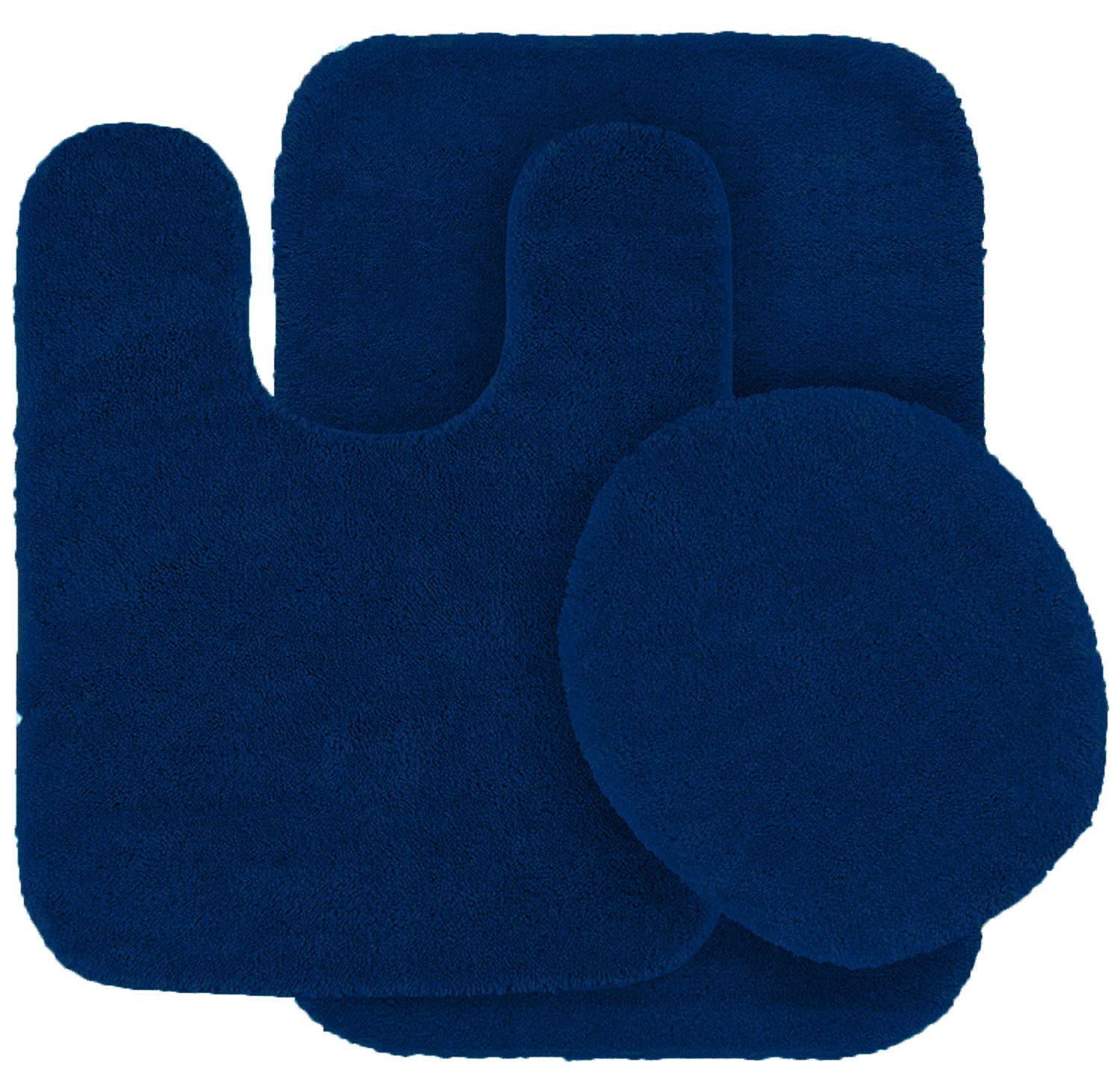 Linen Plus 3pc Solid Non Slip Soft Bath Rug Set for Bathroom U-Shaped Contour Rug, Mat and Toilet Lid Cover New# Angela (Navy Bl