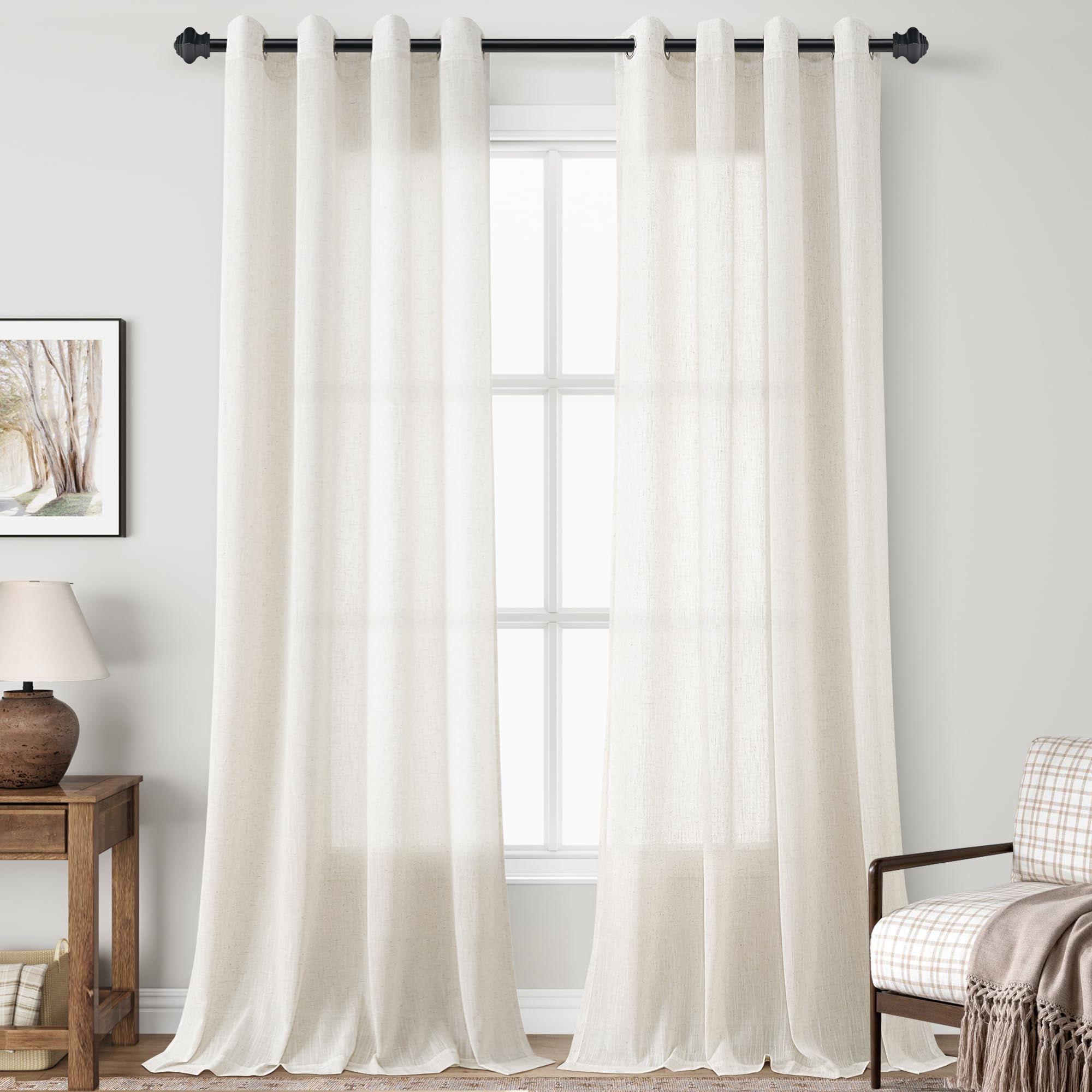 Natural Linen Sheer Curtains 102 Inches Long For Living Room Grommet Light Filtering Window Curtain 102 Inch Length 2 Panels Set