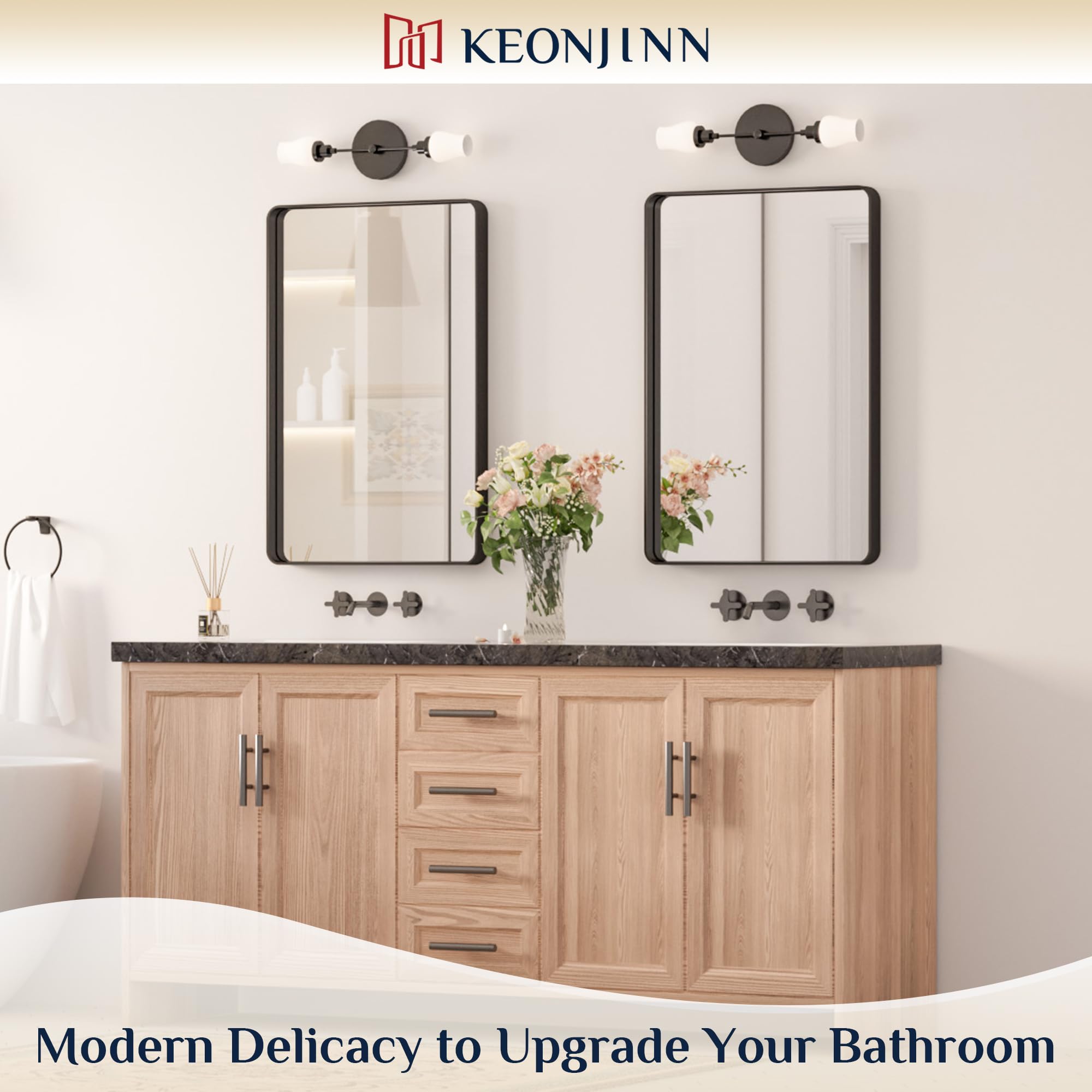 Keonjinn Black Metal Framed Bathroom Mirrors For Wall, 20 X 30 Inch Rounded Rectangle Bathroom Vanity Mirror, Matte Black Farmho