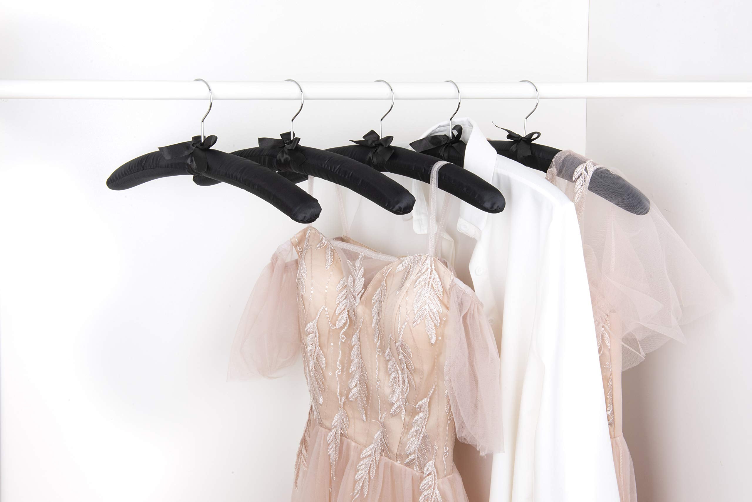 Amber Home 5 Pack 17 Inch Large Black Satin Padded Hangers For Women Clothing, Anti Slip Cushioned Hangers For Sweaters, Silk Ha