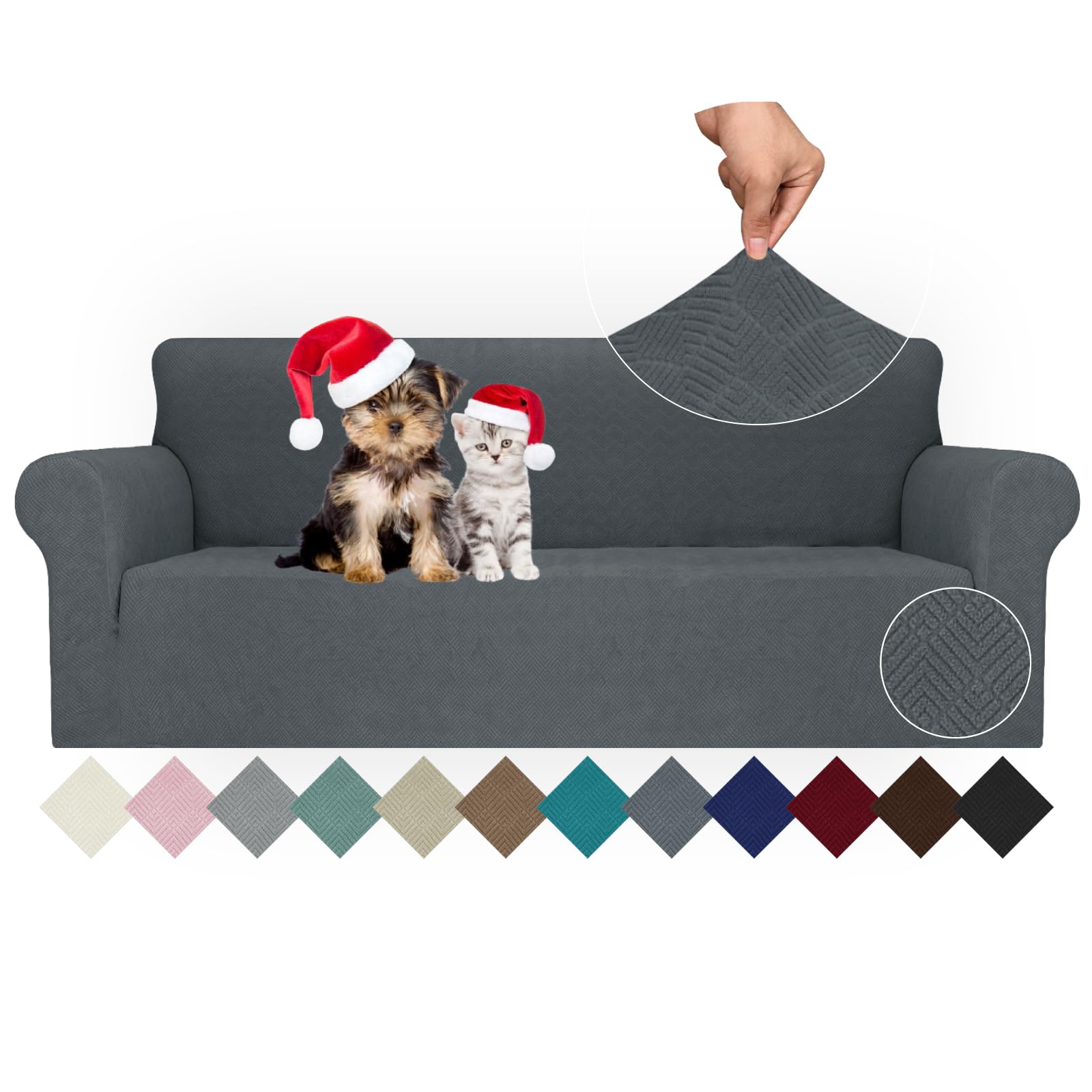 Jiviner Stretch Sofa Covers 1 Piece Couch Covers For 3 Cushion Couch Sofa, 3 Seater Sofa Slipcovers Furniture Protector With Elastic Bottom For Kids, Pets (Large, Dark Gray Rhomb)