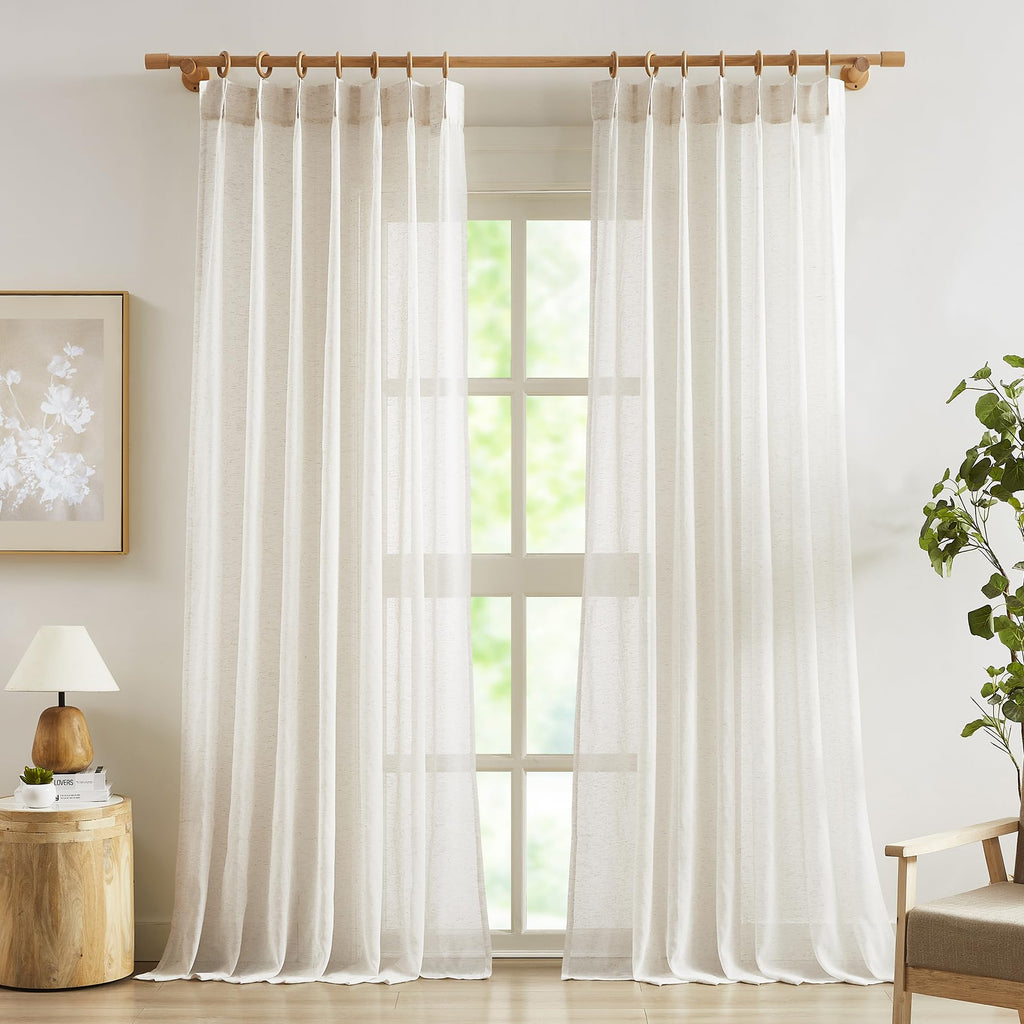 Fmfunctex Linen Sheer Pinch Pleated Curtains For Bedroom, Linen Flax Beige 72 Inches Long Sheer Curtain Panels For Living Room,