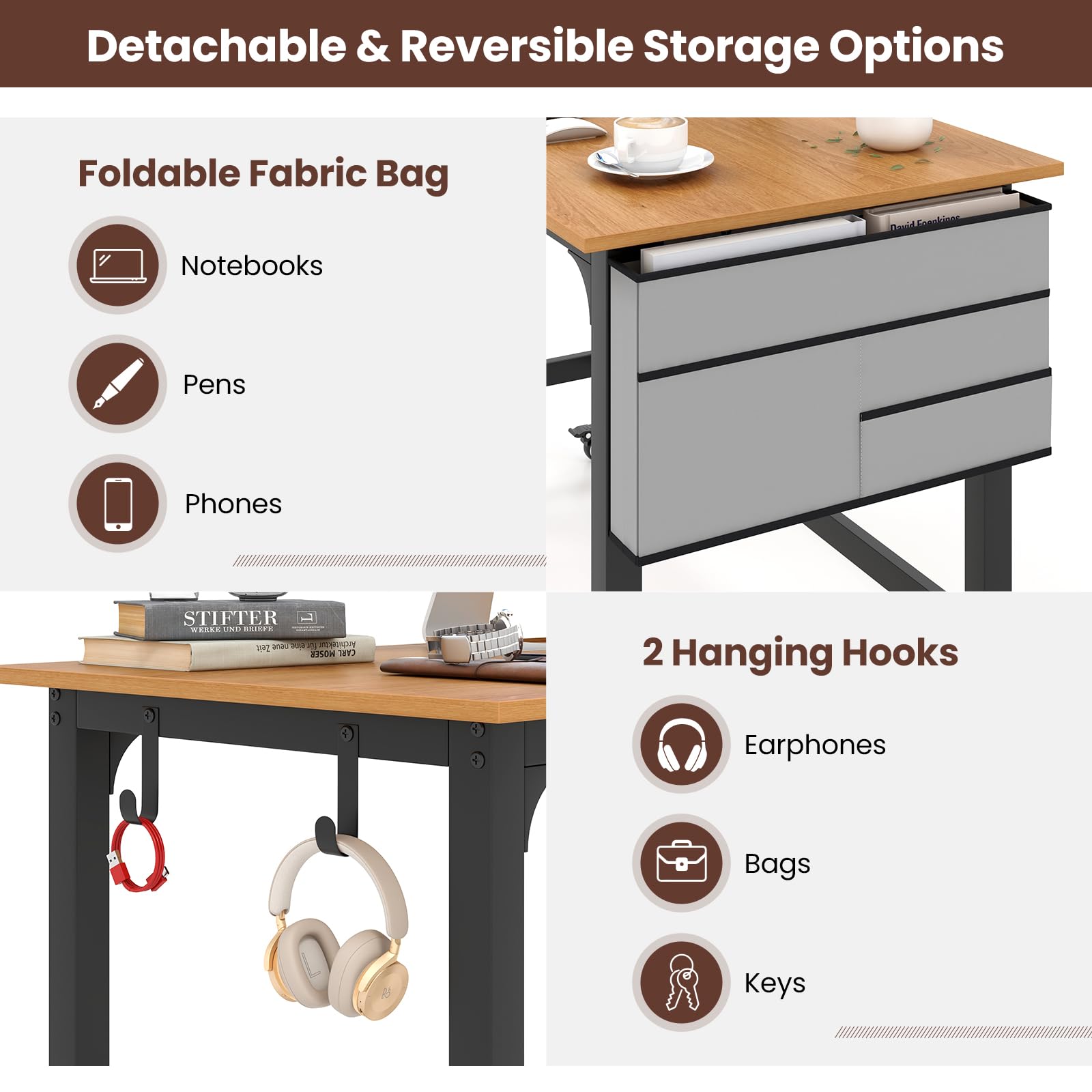Costway 48” Mobile Computer Desk, Home Office Desk On Wheels, Simple Study Writing Table With 4 Lockable Wheels, Metal Frame, Rolling Laptop Pc Table For Small Space (Natural)