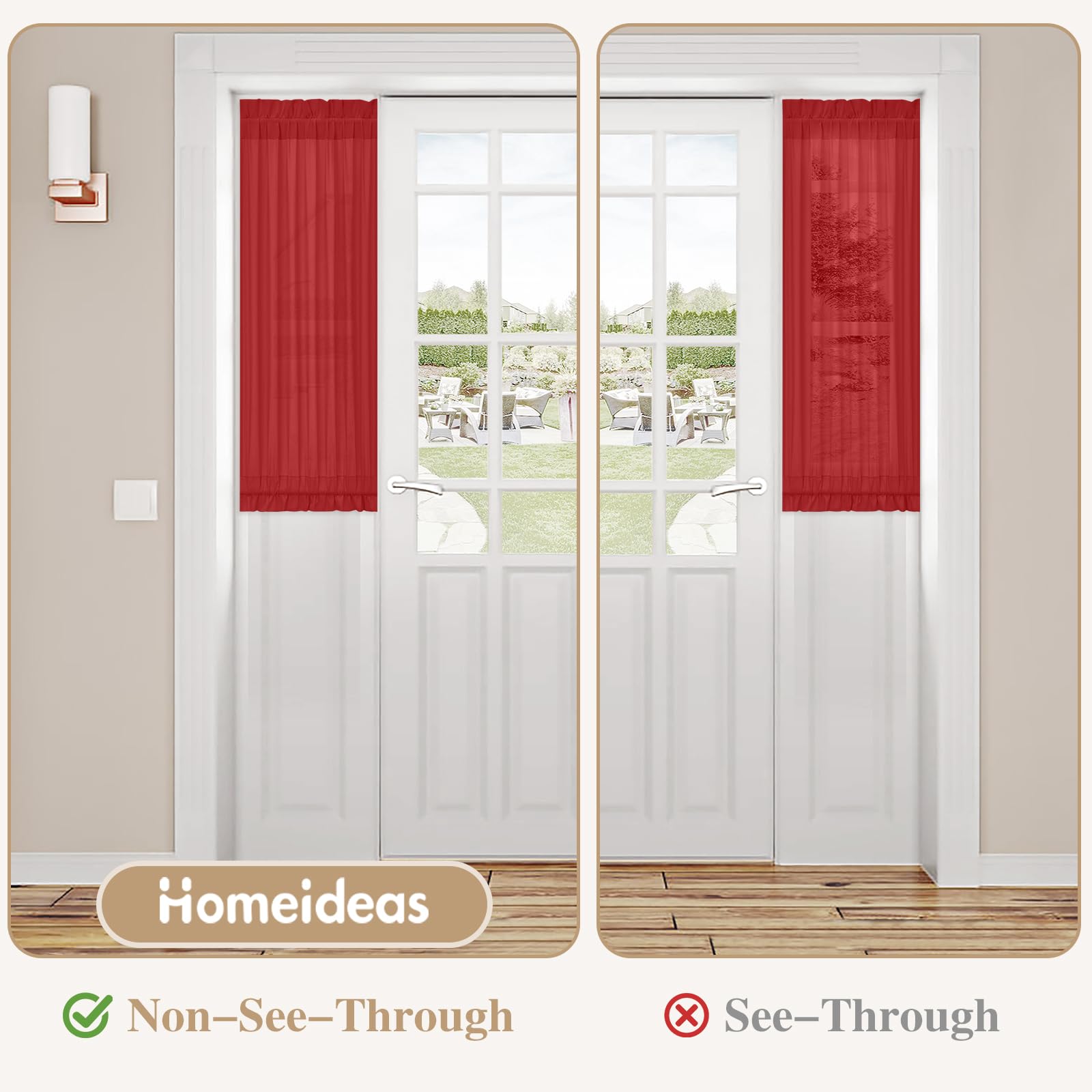 Homeideas Non-See-Through Sidelight French Curtains For Front Door, Light Filtering Privacy Semi Sheer Door Window Curtains With Rod Pocket And Tieback, 1 Panel, Red, 26W X 40L Inch