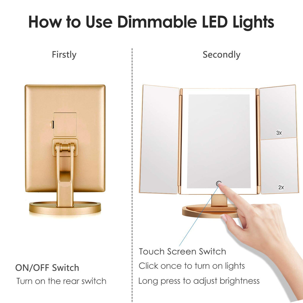 Weily Lighted Vanity Makeup Mirror 1X/2X/3X Magnification Trifold With 36 Led Lights Touch Screen And Usb Charging, 180 Degree Adjustable Stand For Countertop Cosmetic Makeup Mirror(Gold)