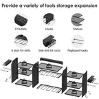 Cccei Black Large Tools Organizer Wall Mount Charging Station, 39 Inch Long Power Tool Battery Storage Rack With 6Ft Power Strip. 8 Drill Holder, Garage Utility Shelves. Pegboard Hanging Extension.