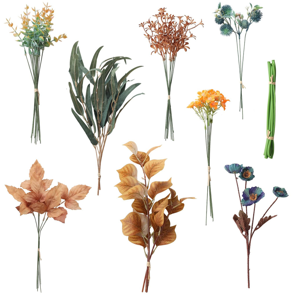 Floroom Artificial Greenery Stems Box Set, 39pcs with 8 Kinds of Faux Greenery Flowers Picks for DIY Bridal Bouquets Wedding Flo
