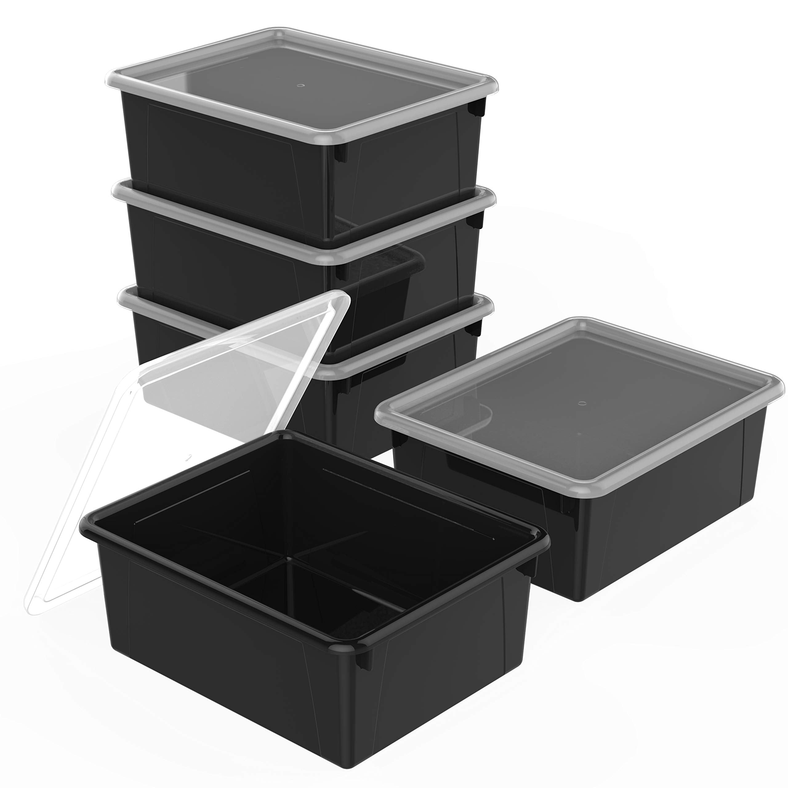 Storex Letter Size Deep Storage Tray - Organizer Bin With Non-Snap Lid For Classroom, Office And Home, Black, 5-Pack (62543A05C)
