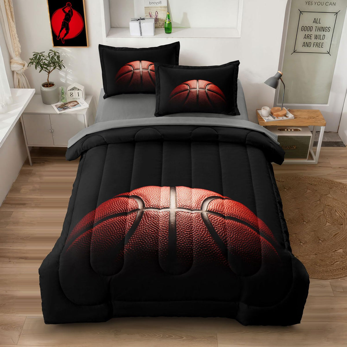 Leaflin Teenage Boy Bedding Sets Full Size 5 Pieces Basketball Comforter Set For Boys Bed In A Bag Set, Basketball Bedding Full,
