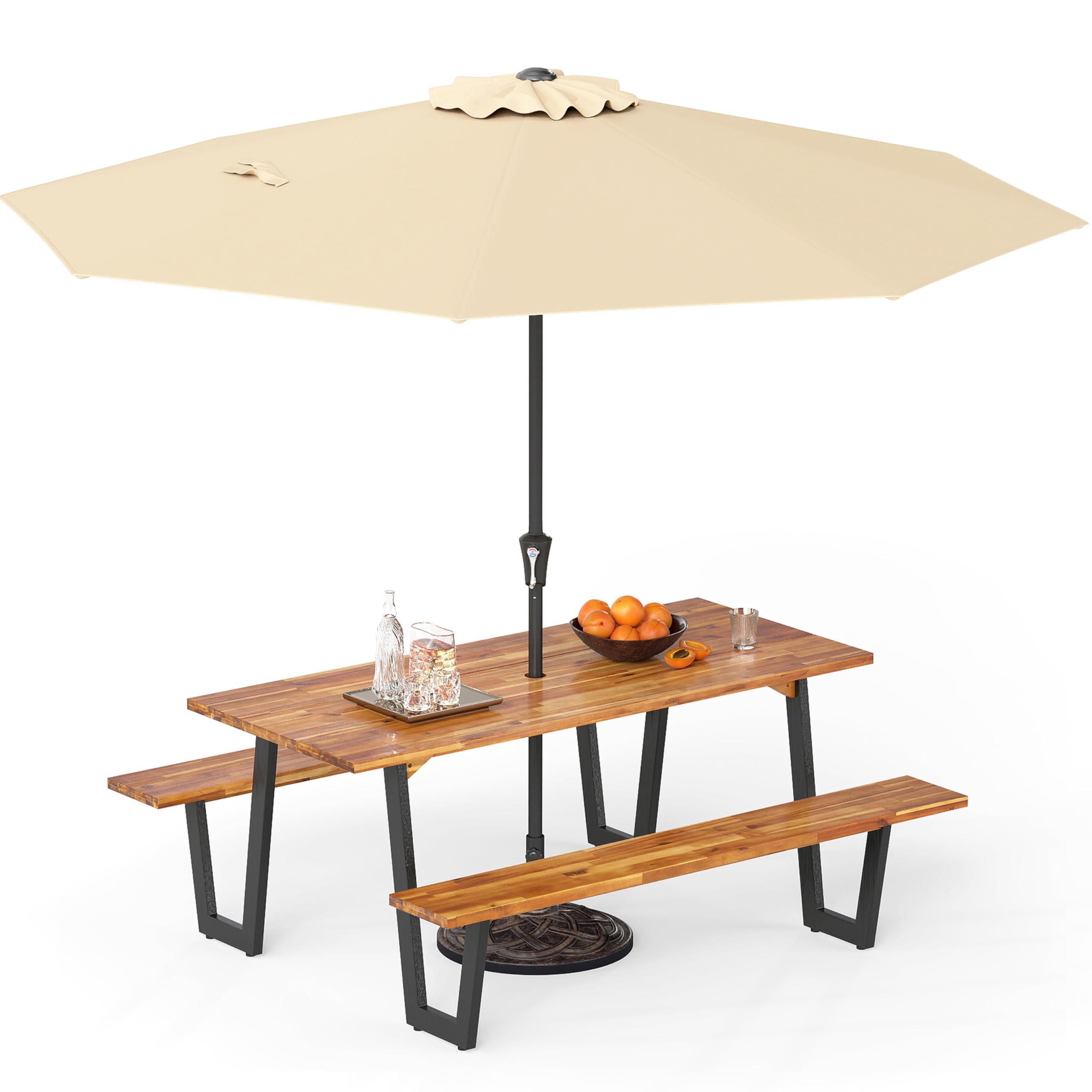 S Afstar 70' Acacia Wood Outdoor Picnic Table Set With 10Ft Umbrella & Base, Heavy Duty Wooden Outside Dining Table Set With Be