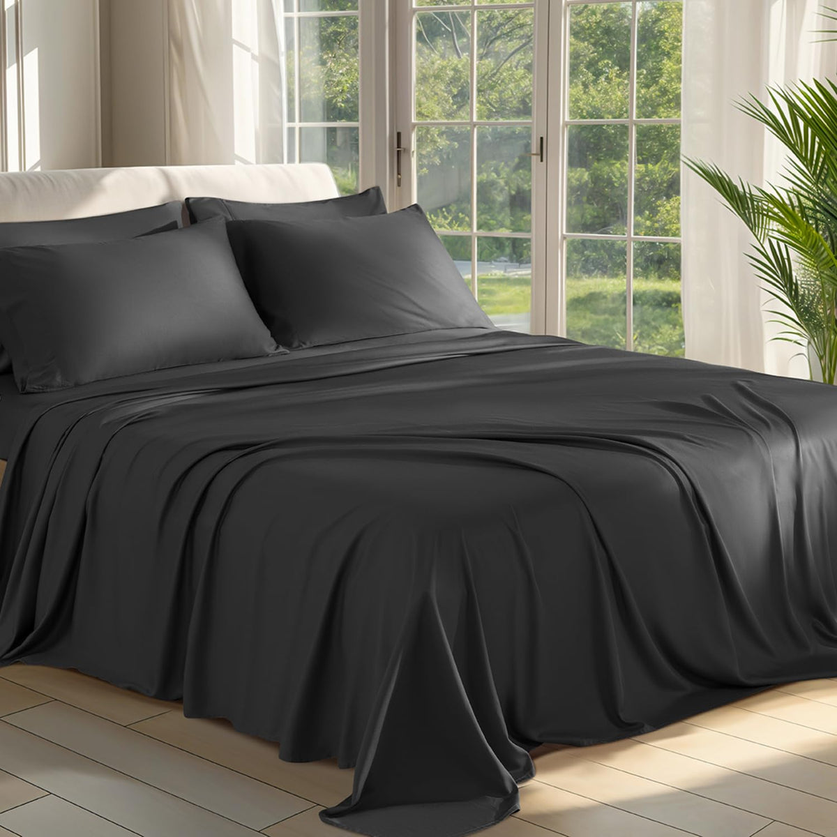 Shilucheng 100% Viscose Derived From Bamboo_ Sheets Queen Size 6Pcs - Ultra Cooling & Silky Soft Bed Sheets, 16' Deep Pocket, P