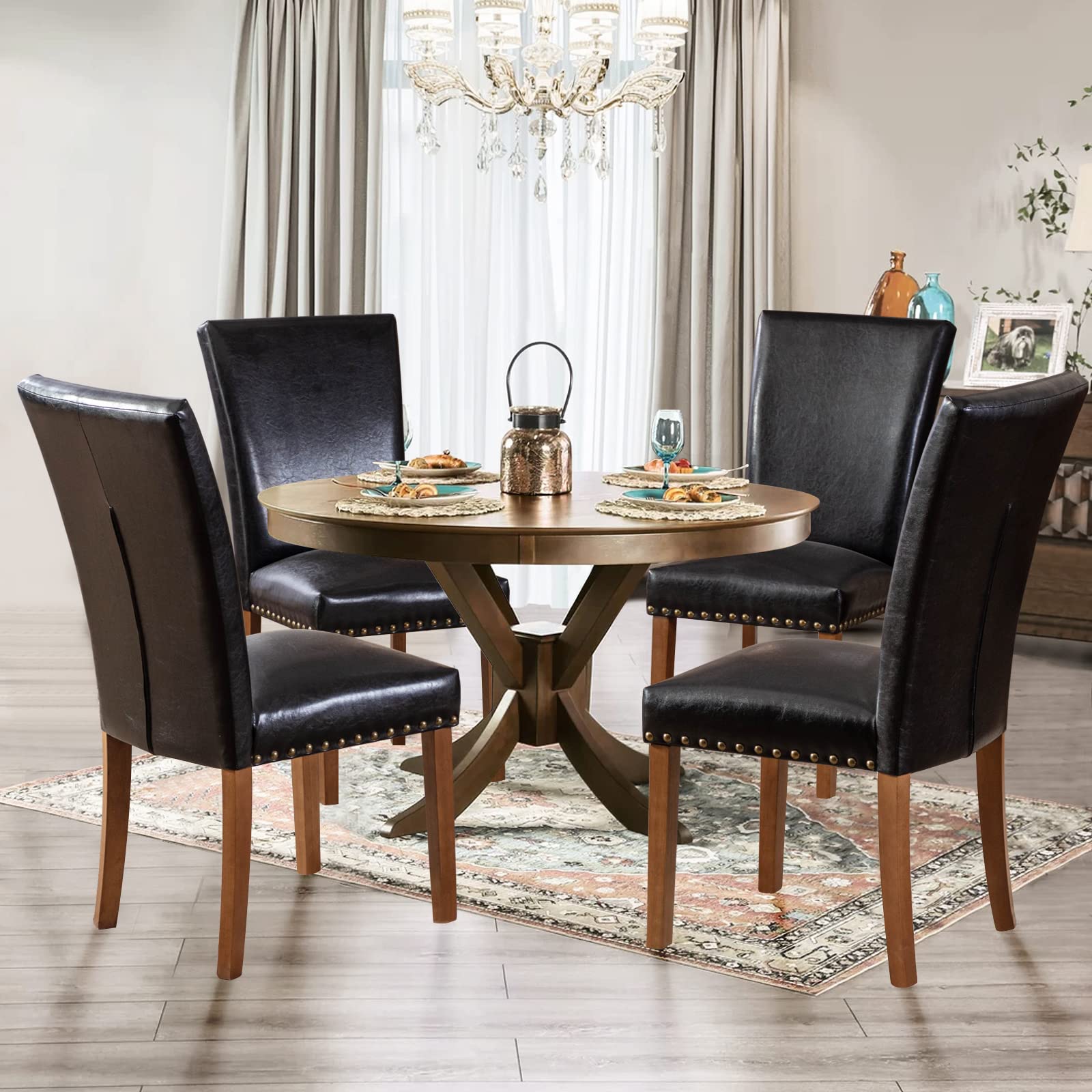 Parsons Dining Chairs Set of 4, Upholstered Nailhead PU Leather Dining Room Kitchen Side Chair with Thick Cushions and Wood Legs