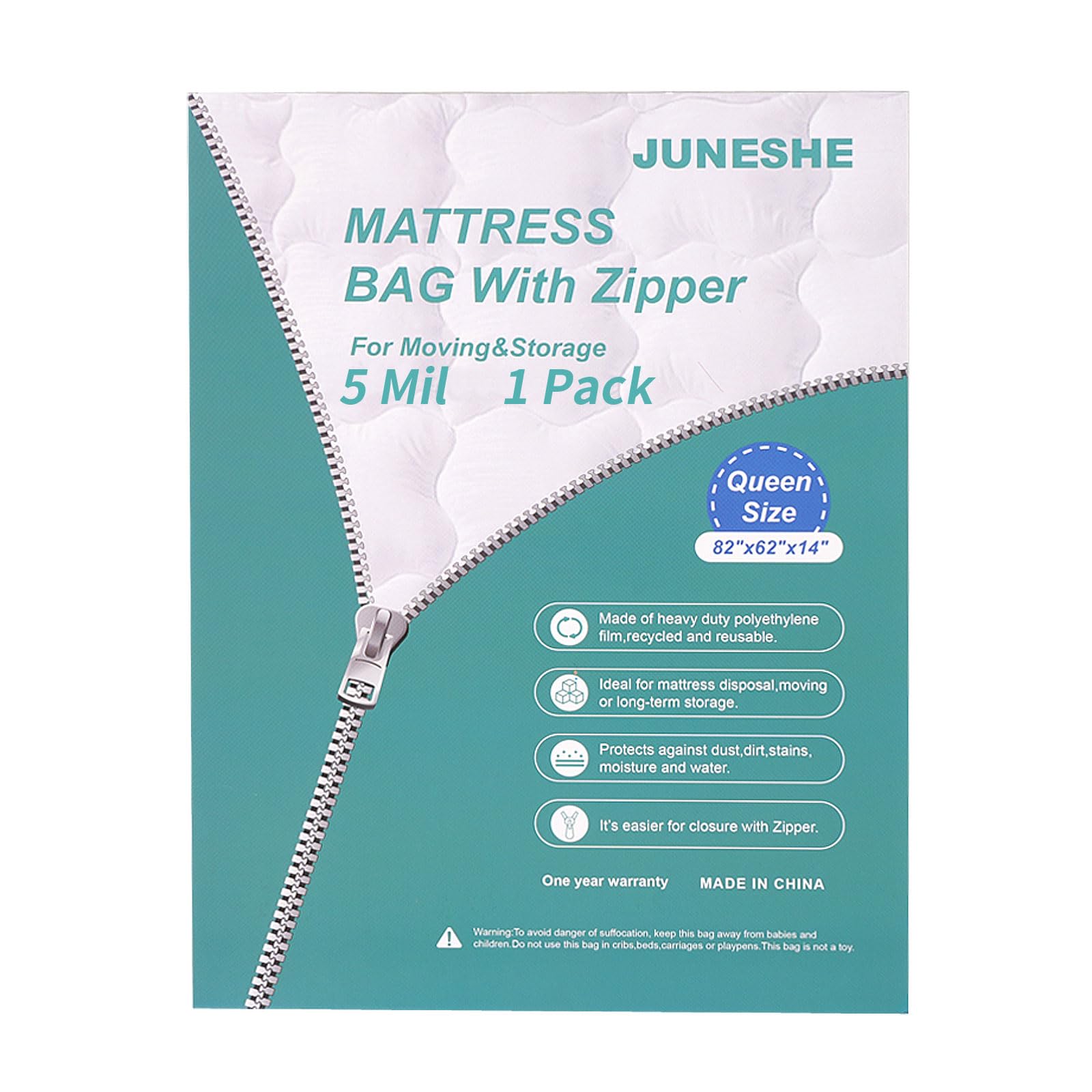 JUNESHE Queen Mattress Bag for Moving and Storage Cover -5 Mil Zipper Plastic Waterproof Mattress Storage Bag,82x62x14 inches,1 