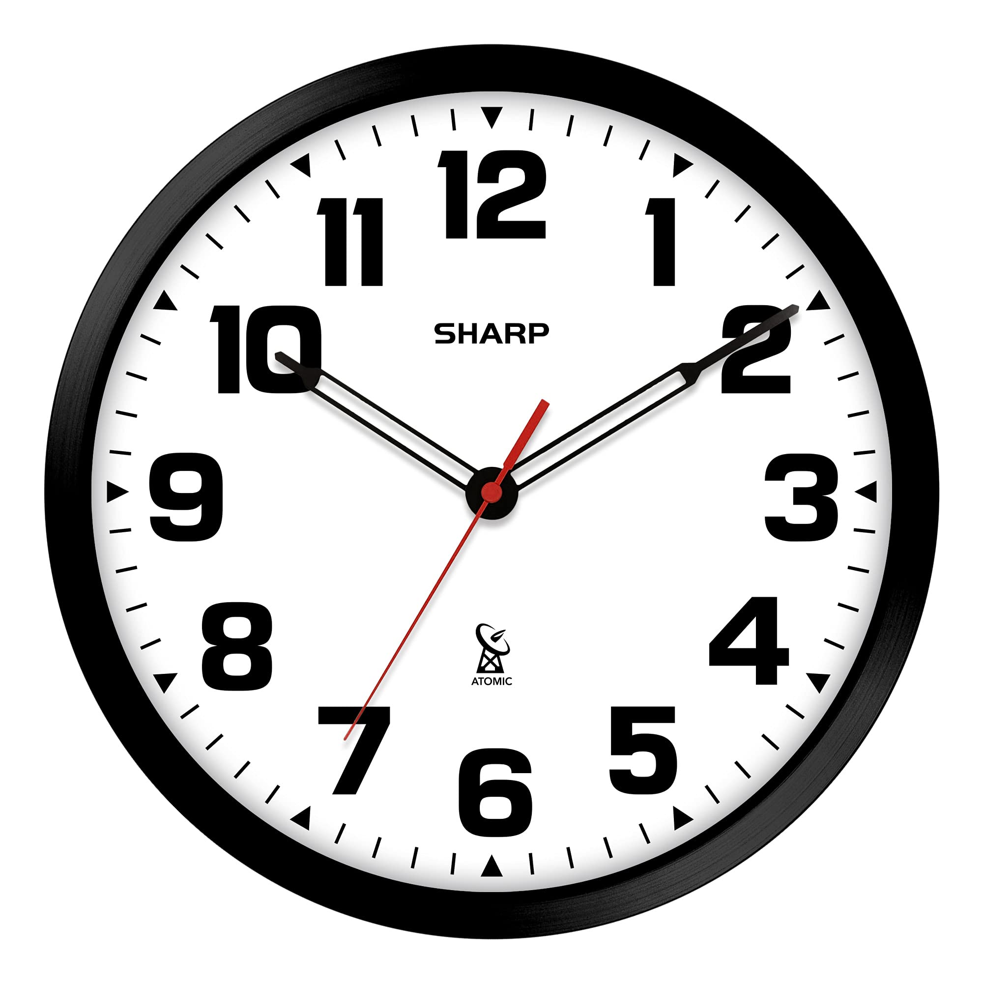 Sharp Atomic Analog Wall Clock - 12 Black Stylish Frame - Sets Automatically- Battery Operated - Easy to Read - Easy to Use - Mo