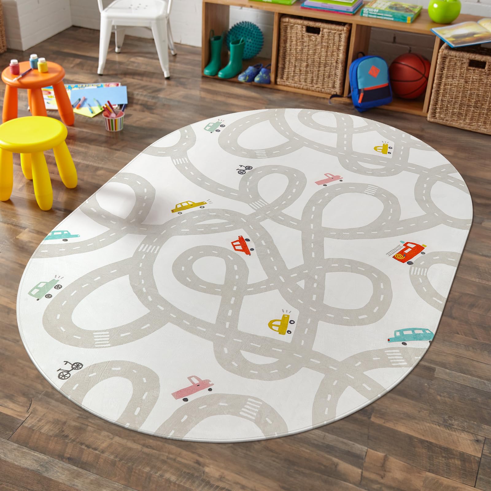 LIVEBOX Grey Car Rug for Playroom, 5X7 Kids Play Mat for Boys and Girls, Large Road Traffice Rugs for Nursery, Washable Kids R