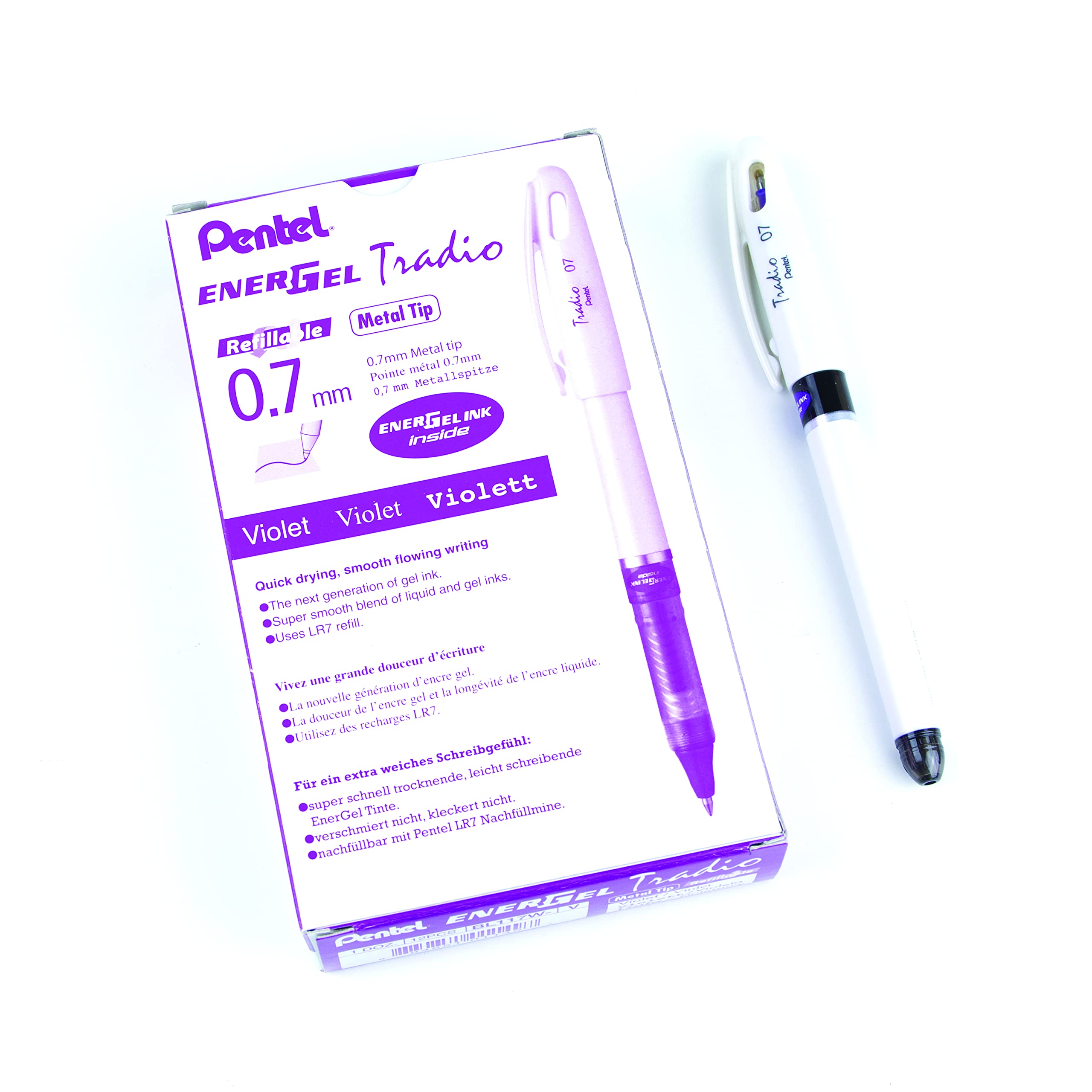 Pentel Energel Tradio Pearl Gel Ink Pen, (0.7Mm), Medium Point Capped, Violet Ink, Box Of 12 (Bl117W-V)