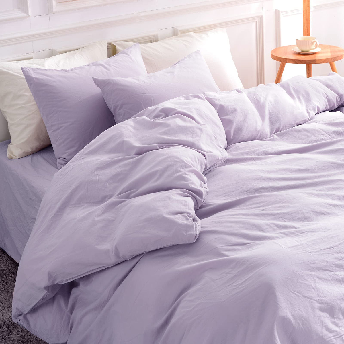 Nexhome Pro Duvet Cover Set 100% Washed Cotton Oversized Queen 98'X98', Organic Natural Linen Look Textured 3 Pieces Bedding Set Lavender Lilac With Zipper Closure, Breathable, Soft (No Comforter)