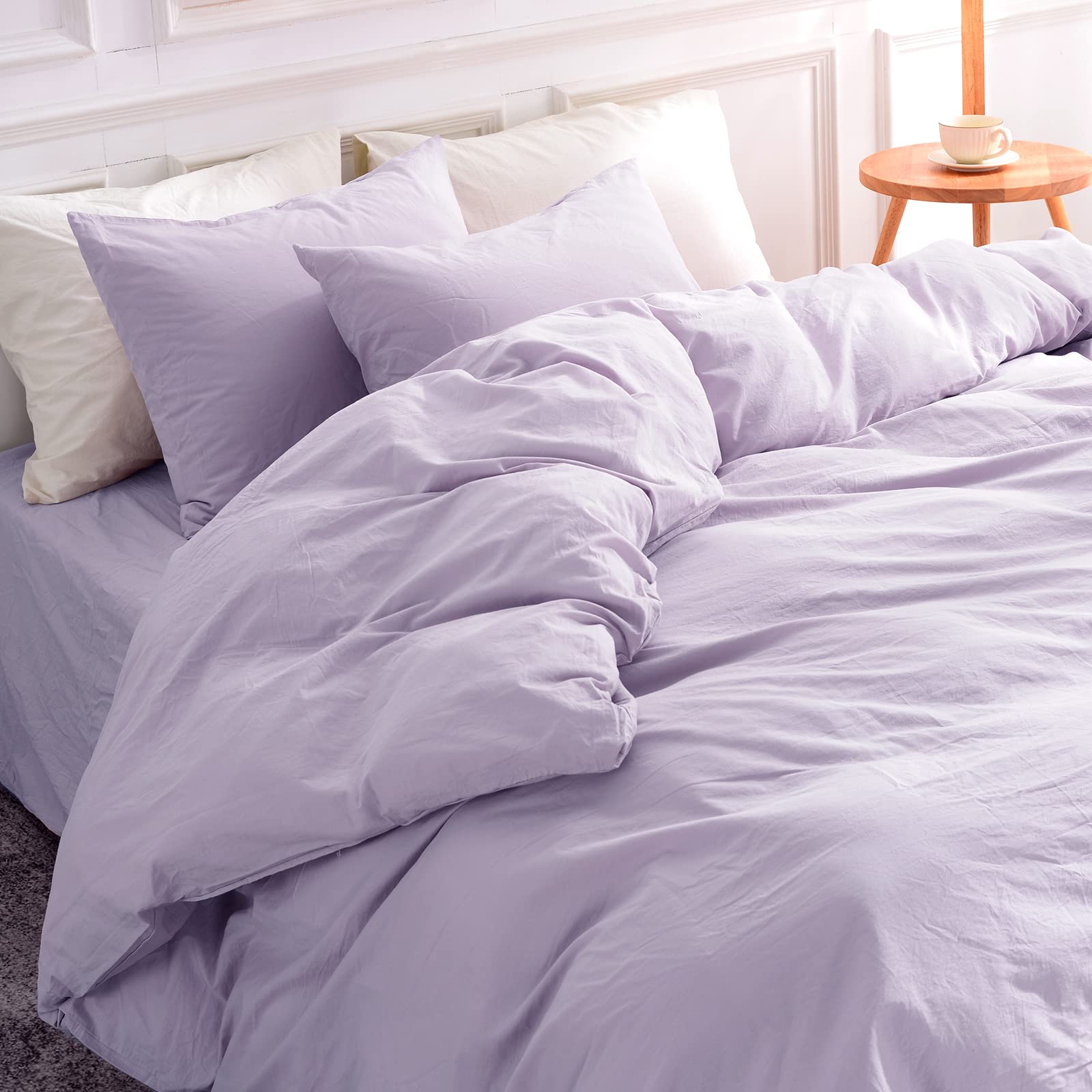 Nexhome Pro Duvet Cover Set King Size Linen Feel Textured Organic Natural 100% Washed Cotton Duvet Cover Purple Lavender Lilac 3